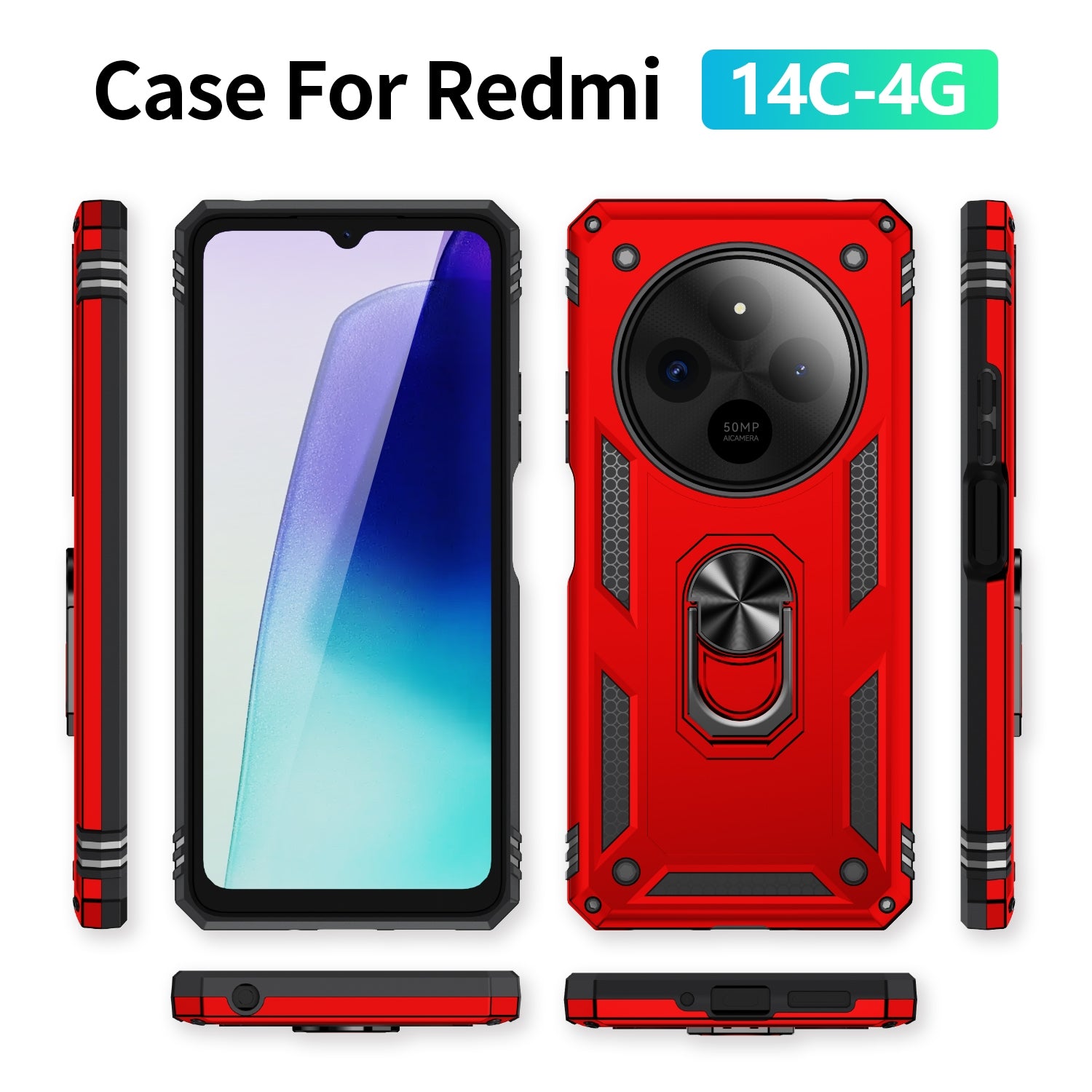 For Redmi 14C 4G Shockproof TPU + PC Phone Case with Holder(Red)