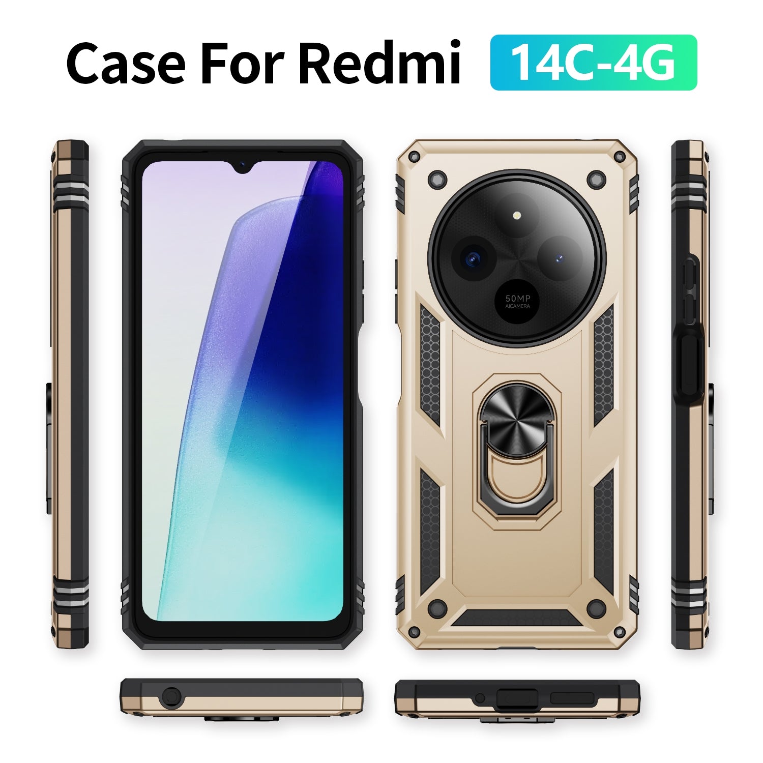 For Redmi 14C 4G Shockproof TPU + PC Phone Case with Holder(Gold)