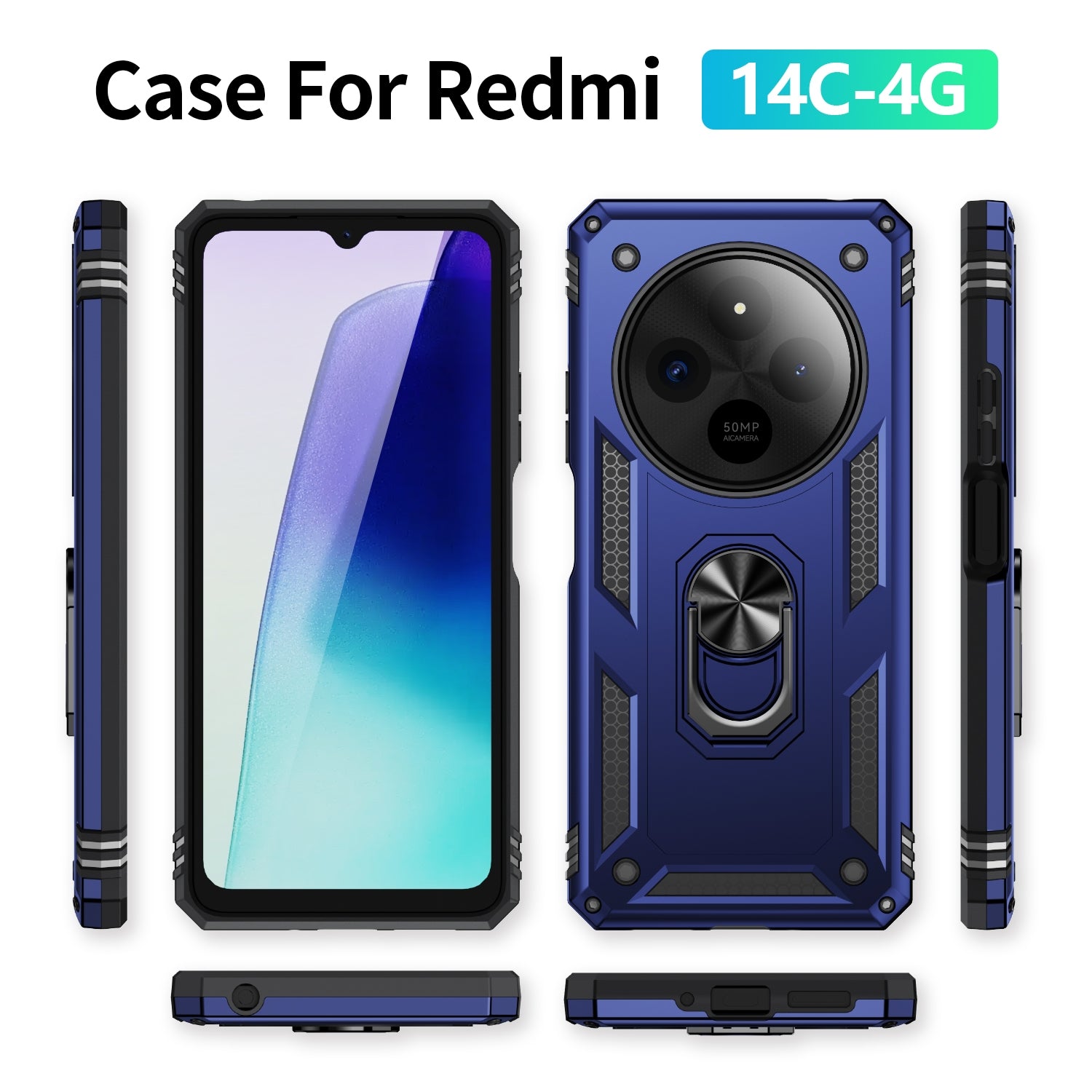 For Redmi 14C 4G Shockproof TPU + PC Phone Case with Holder(Blue)