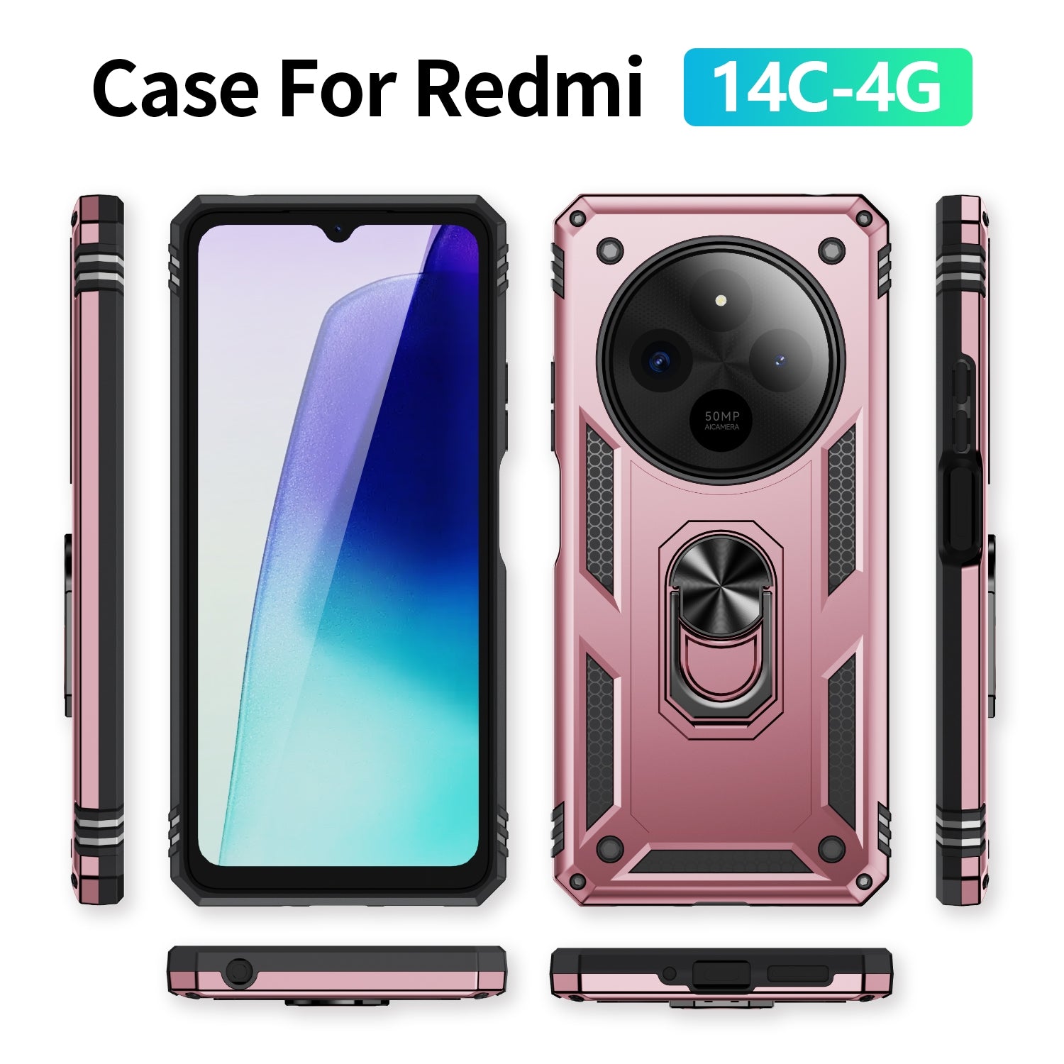 For Redmi 14C 4G Shockproof TPU + PC Phone Case with Holder(Rose Gold)