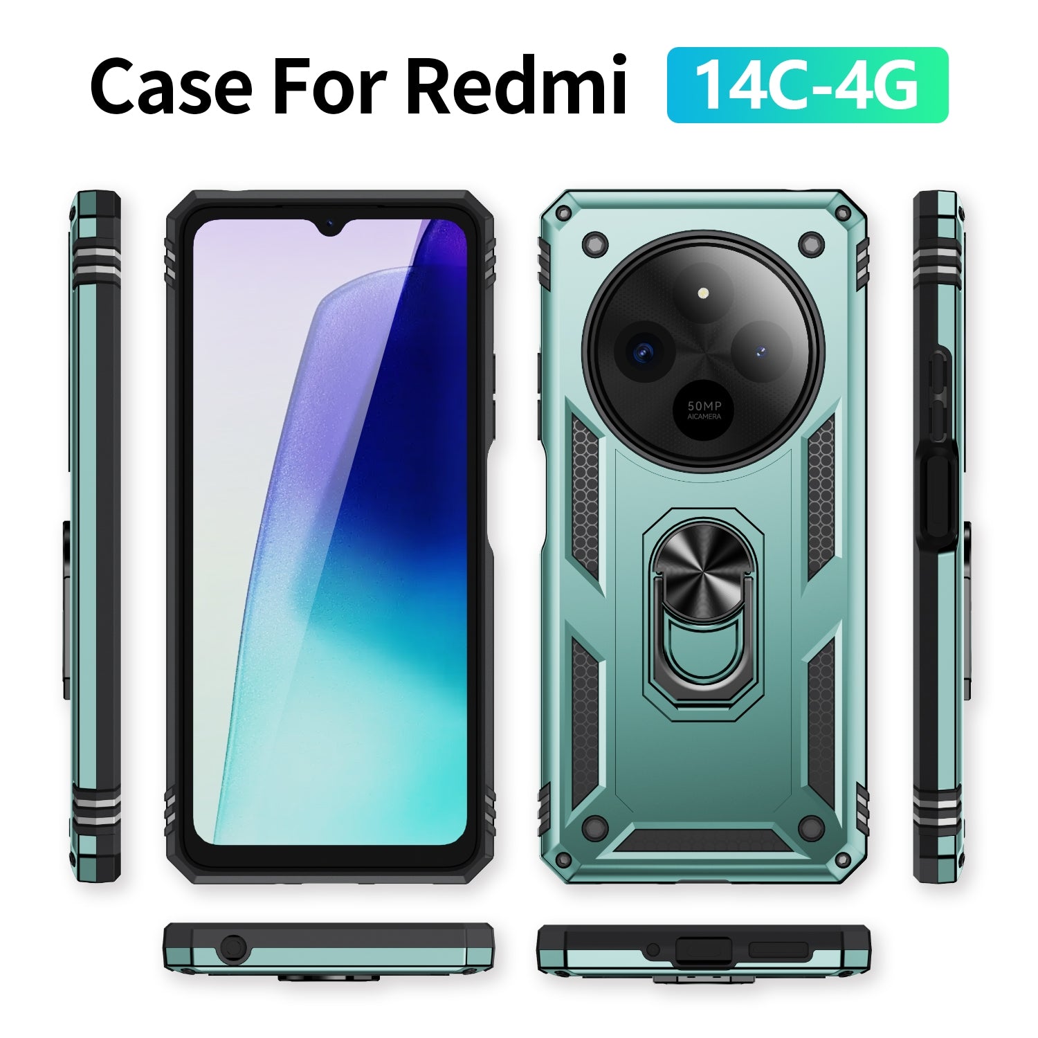 For Redmi 14C 4G Shockproof TPU + PC Phone Case with Holder(Dark Green)