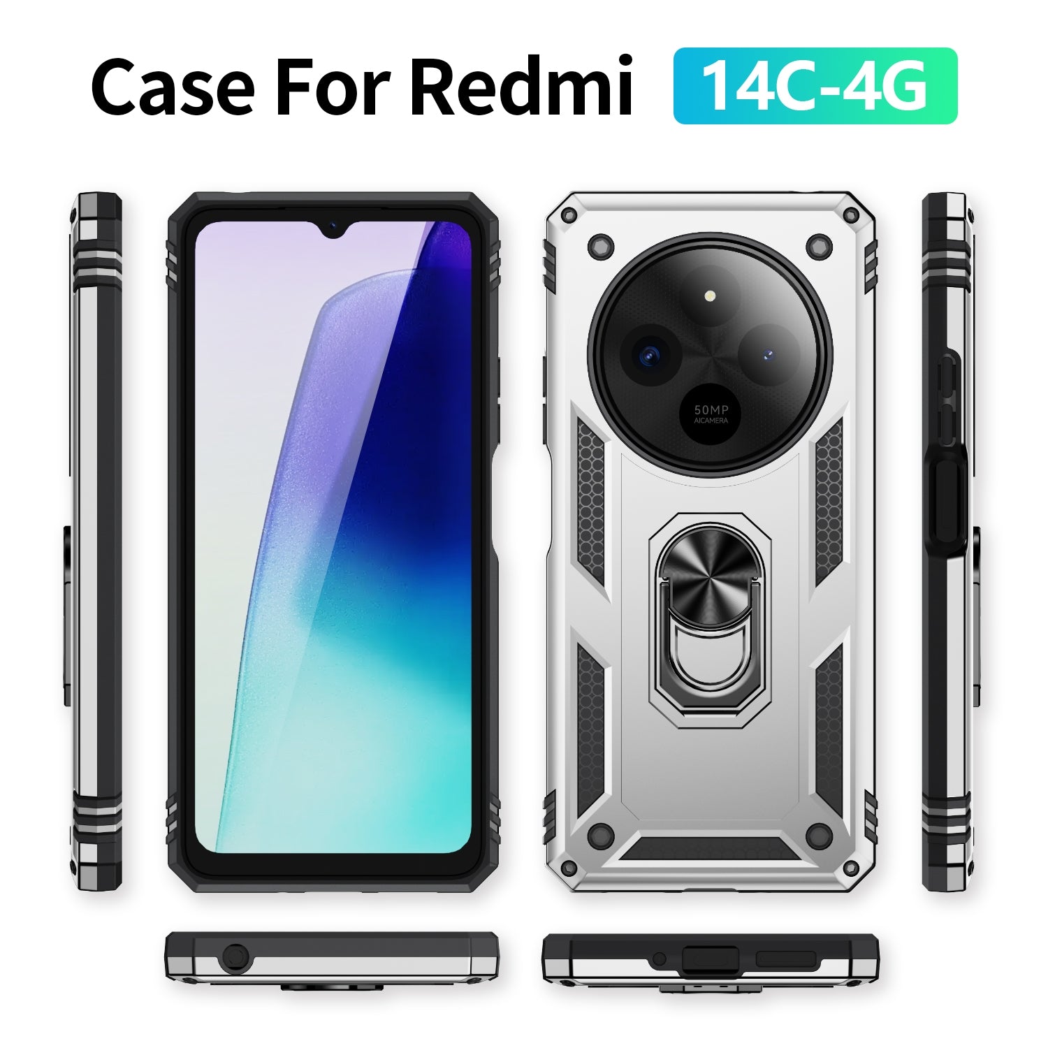 For Redmi 14C 4G Shockproof TPU + PC Phone Case with Holder(Silver)