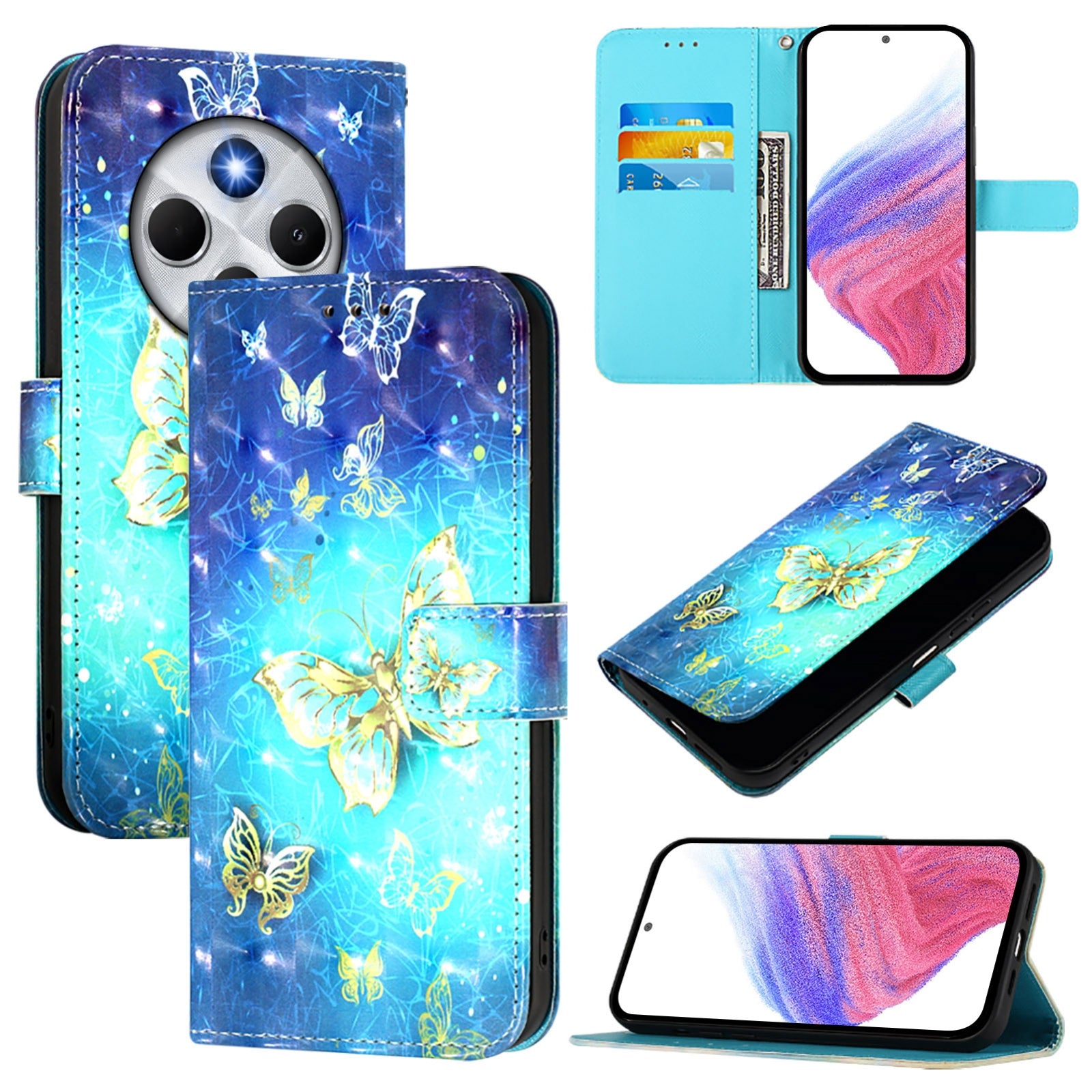 For Redmi 14C 4G 3D Painting Horizontal Flip Leather Phone Case(Golden Butterfly)