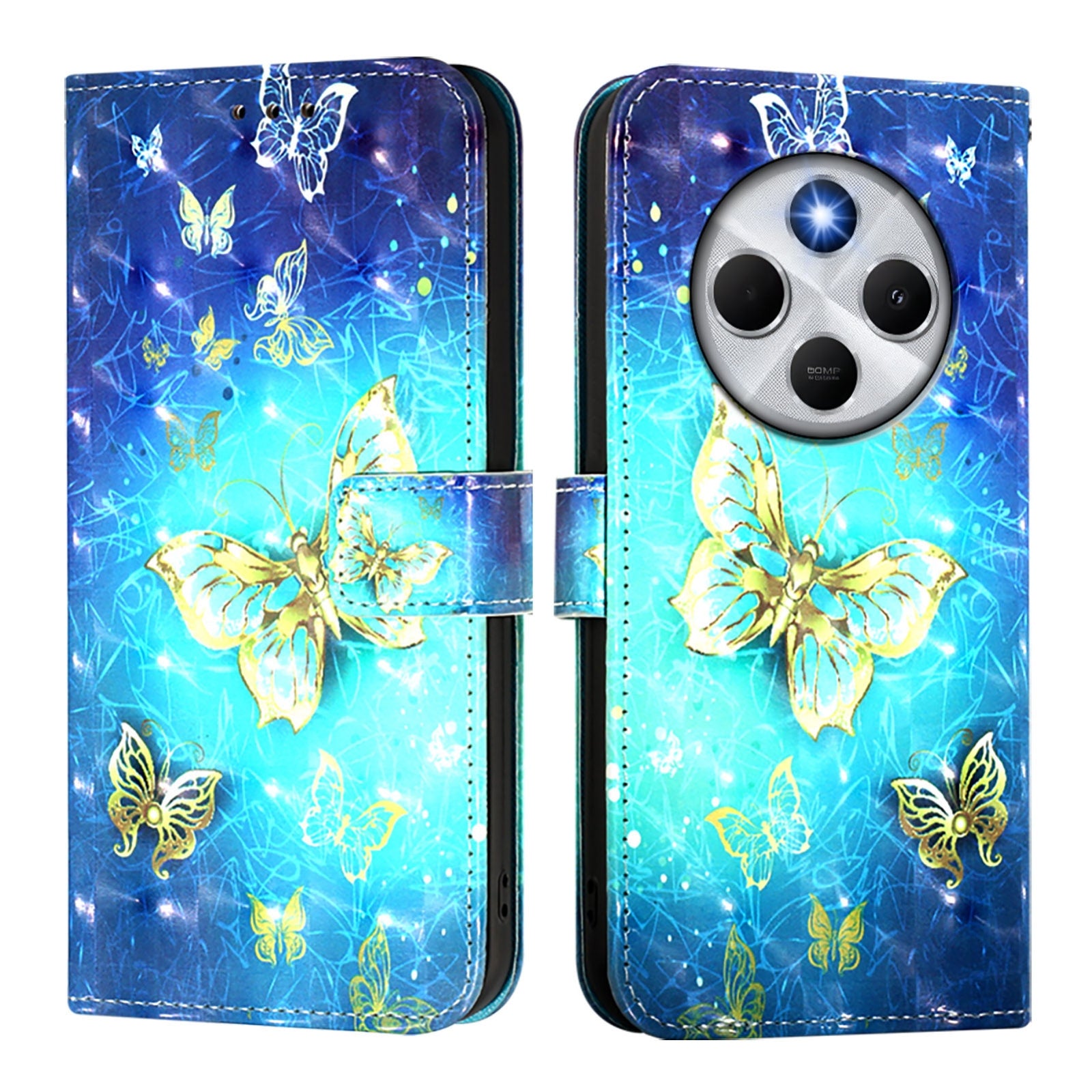 For Redmi 14C 4G 3D Painting Horizontal Flip Leather Phone Case(Golden Butterfly)