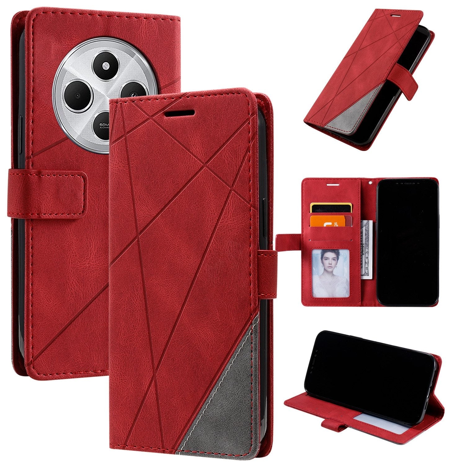 For Redmi 14C 4G Skin Feel Splicing Leather Phone Case(Red)