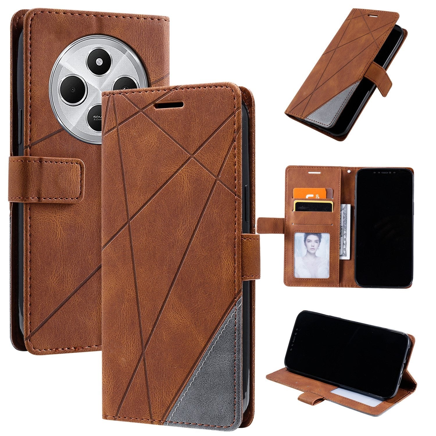 For Redmi 14C 4G Skin Feel Splicing Leather Phone Case(Brown)