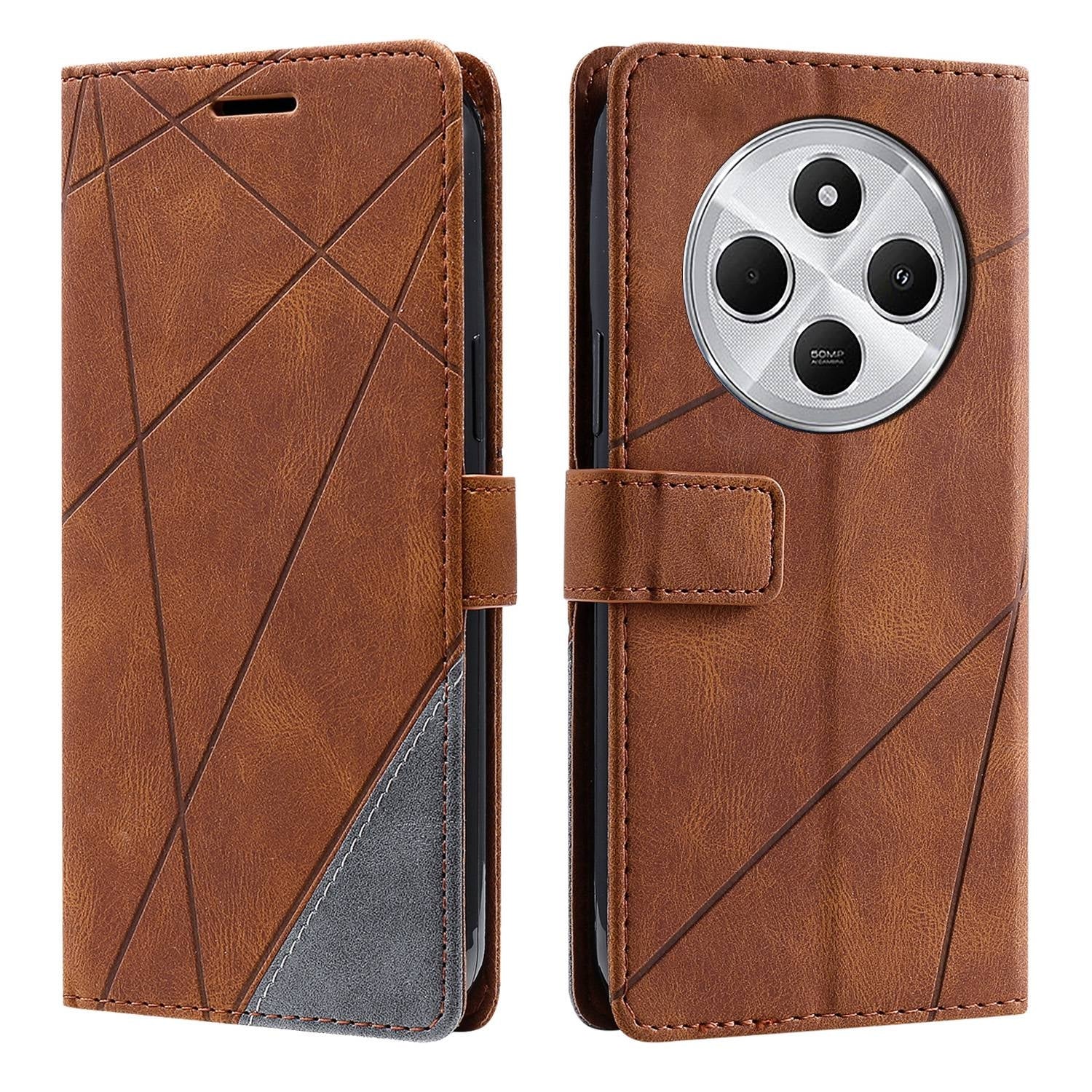 For Redmi 14C 4G Skin Feel Splicing Leather Phone Case(Brown)