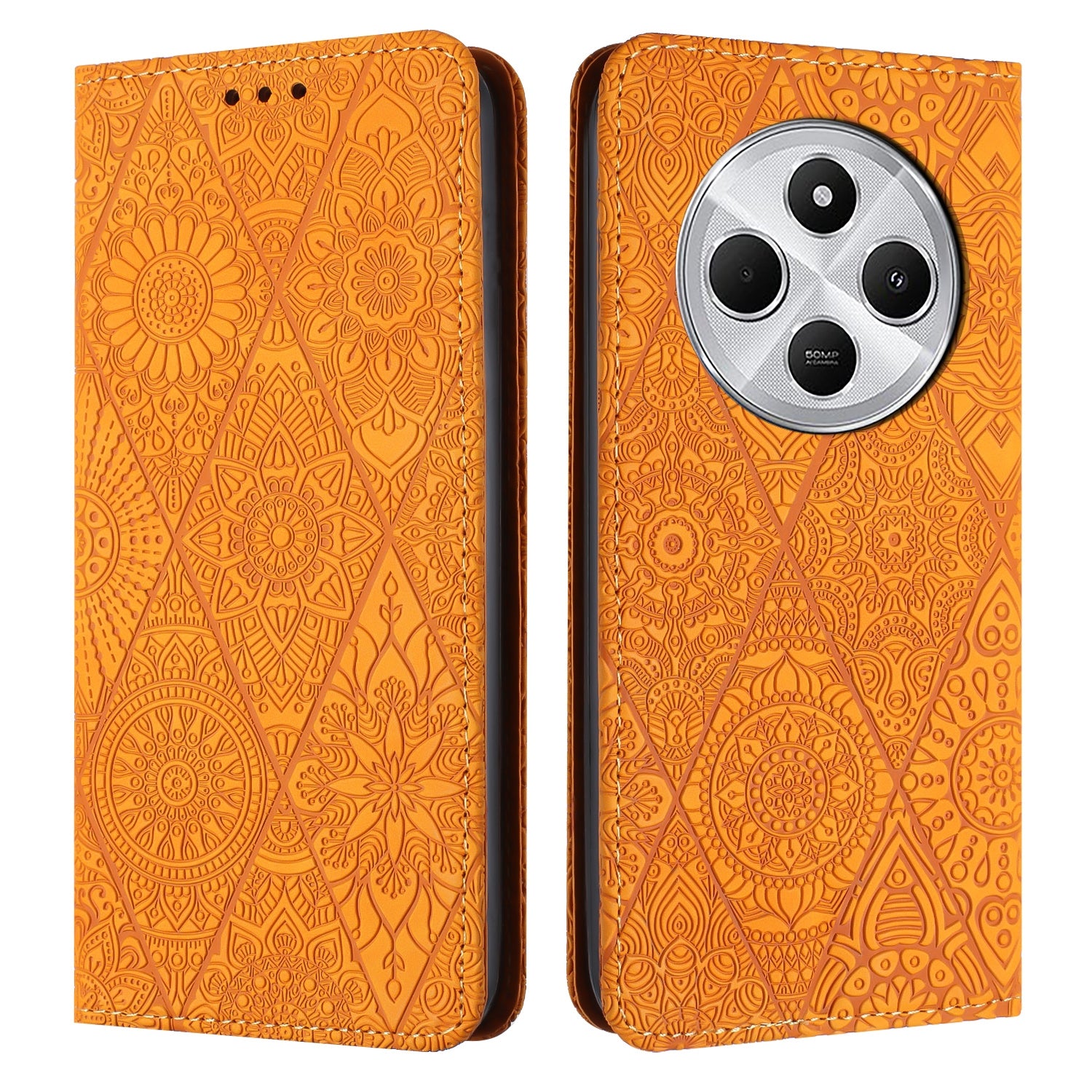 For Redmi 14C 4G Ethnic Embossed Adsorption Leather Phone Case(Yellow)