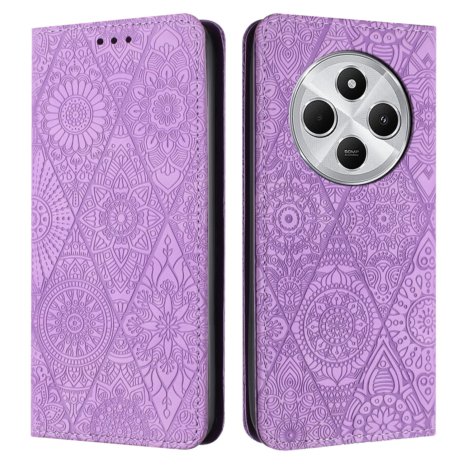 For Redmi 14C 4G Ethnic Embossed Adsorption Leather Phone Case(Purple)