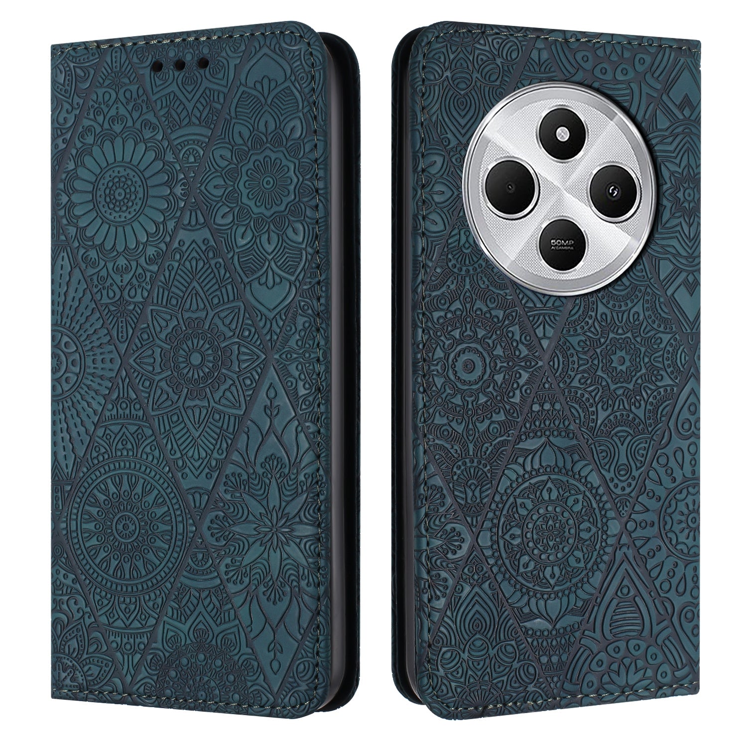 For Redmi 14C 4G Ethnic Embossed Adsorption Leather Phone Case(Blue)