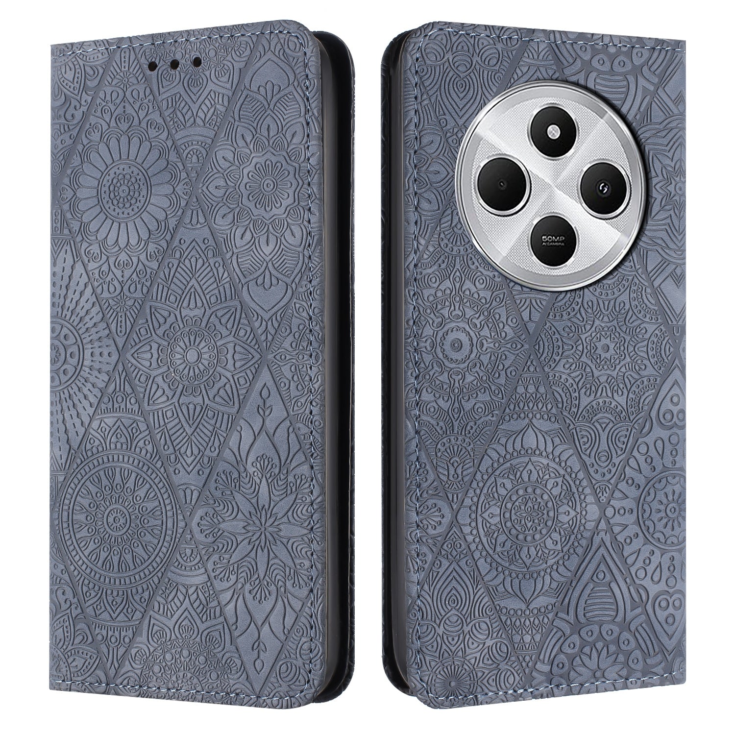 For Redmi 14C 4G Ethnic Embossed Adsorption Leather Phone Case(Grey)