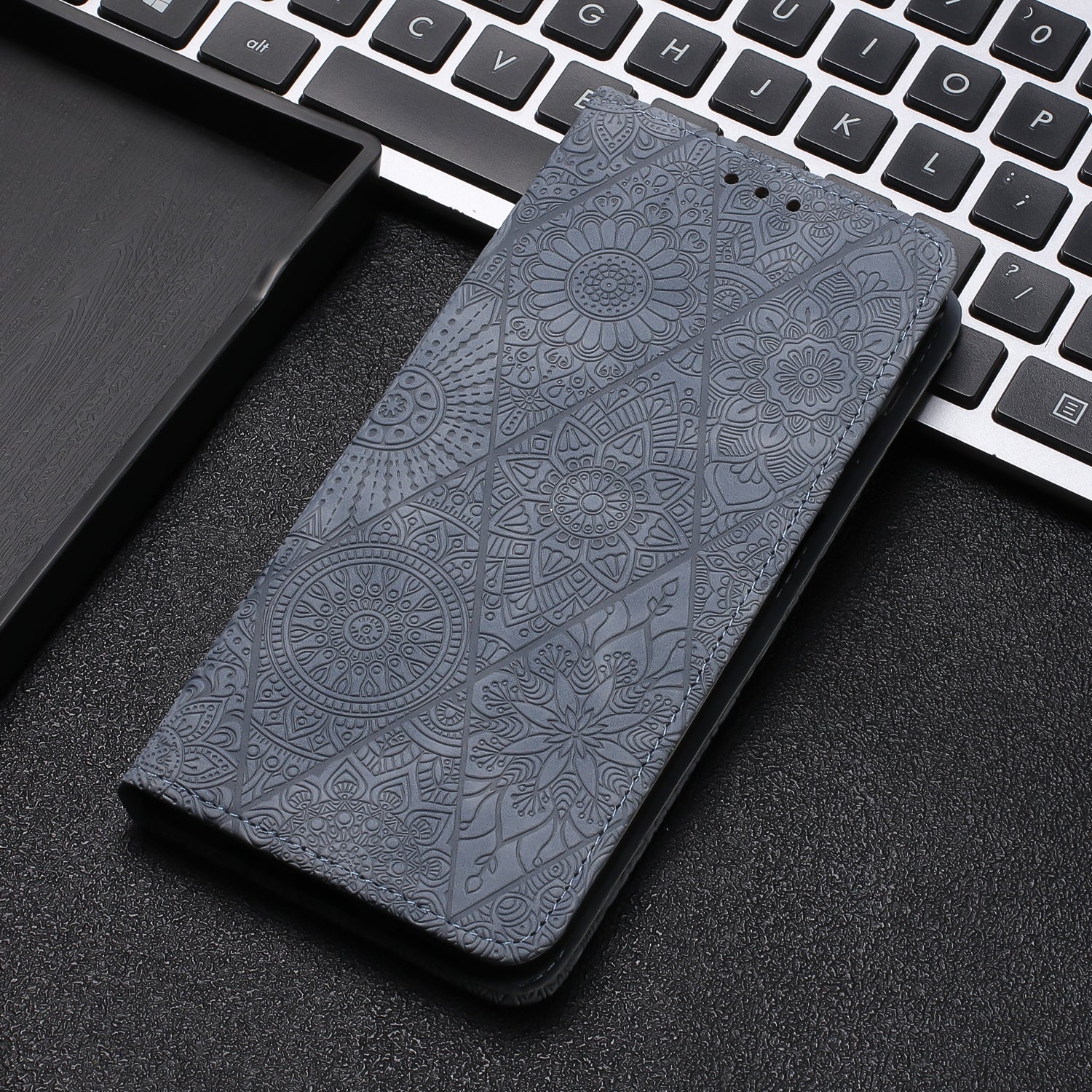 For Redmi 14C 4G Ethnic Embossed Adsorption Leather Phone Case(Grey)