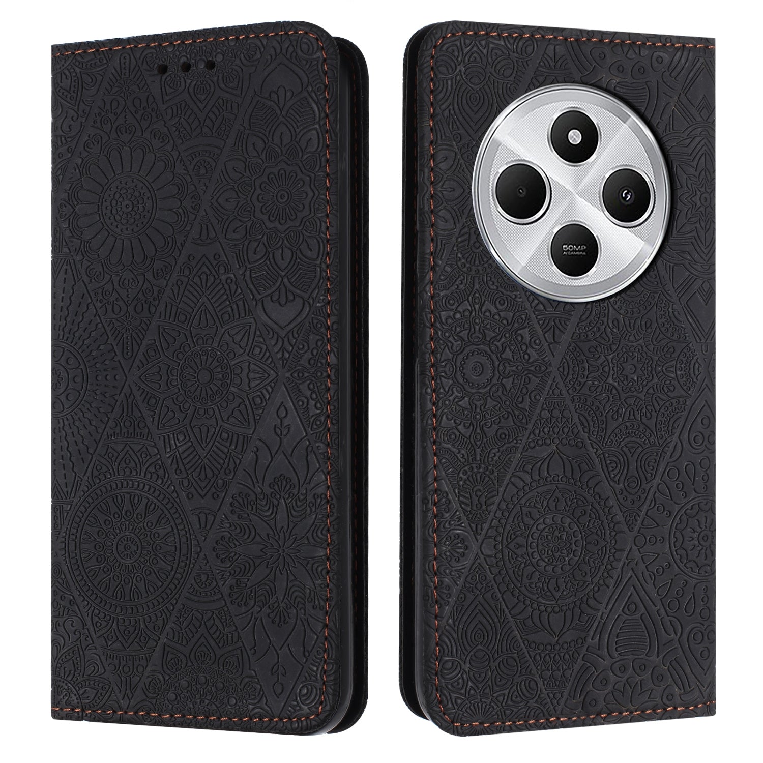 For Redmi 14C 4G Ethnic Embossed Adsorption Leather Phone Case(Black)