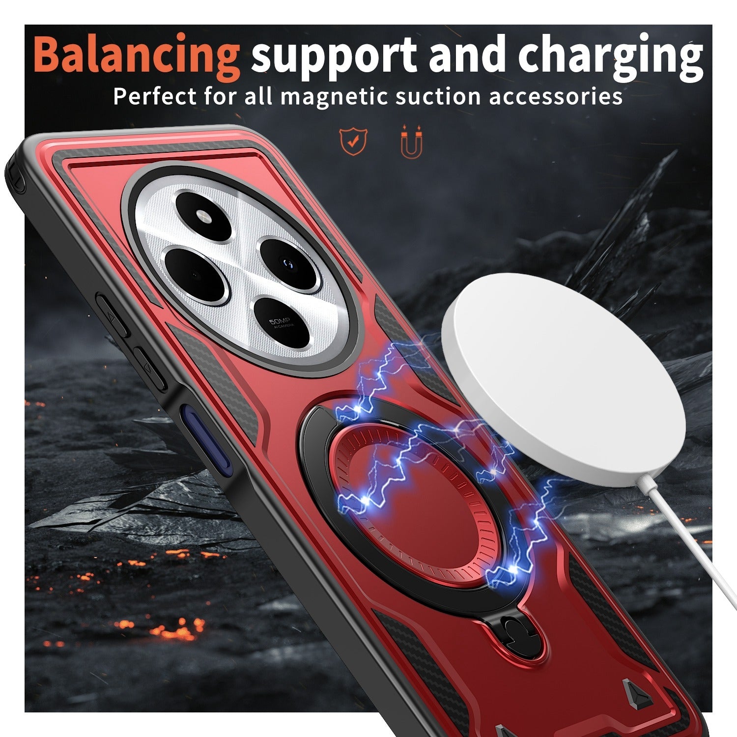 For Redmi 14C 5G PC Hybrid TPU Armor MagSafe Ring Holder Phone Case(Red)