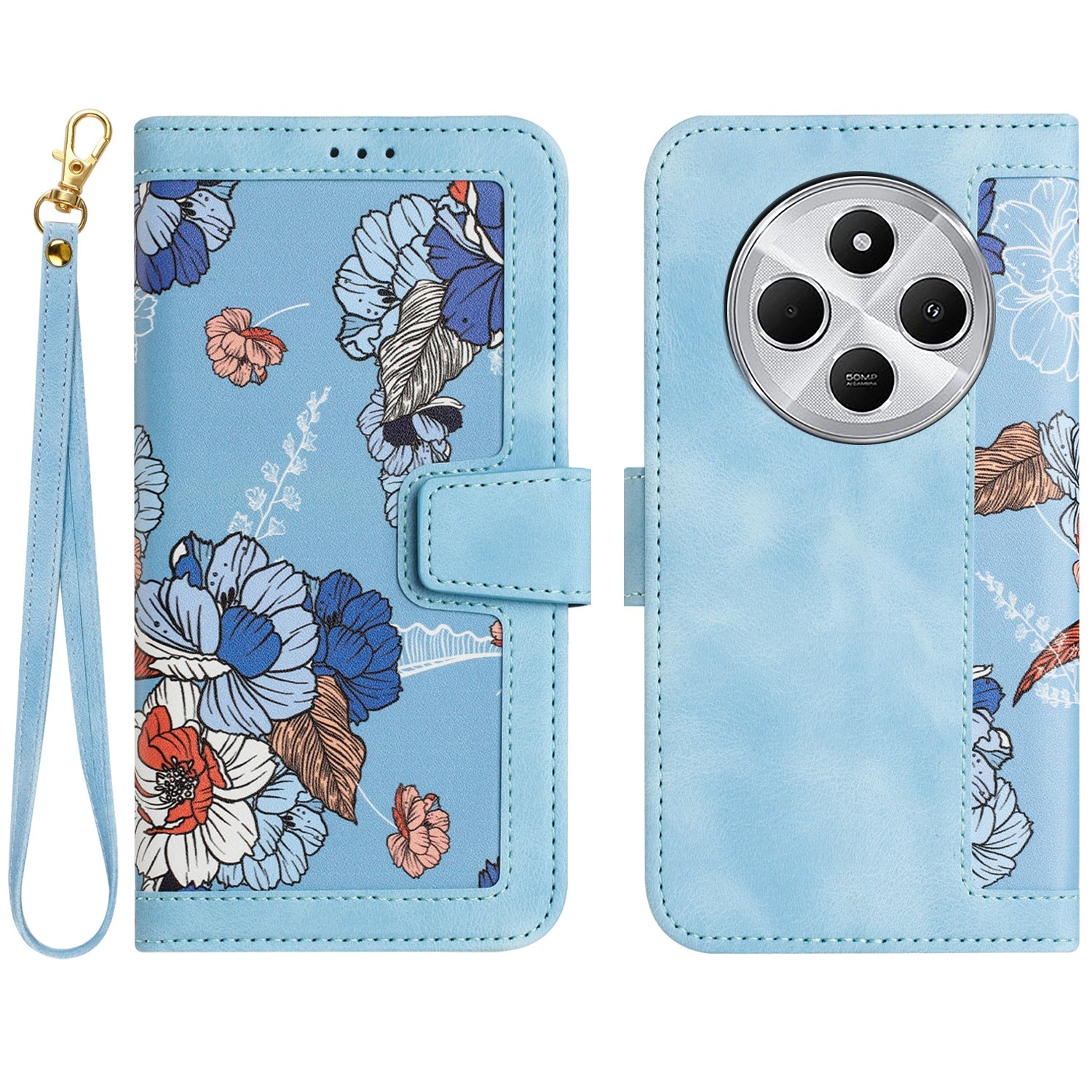 For Redmi 14C 4G Floral Pattern Leather Phone Case with Lanyard(Light Blue)