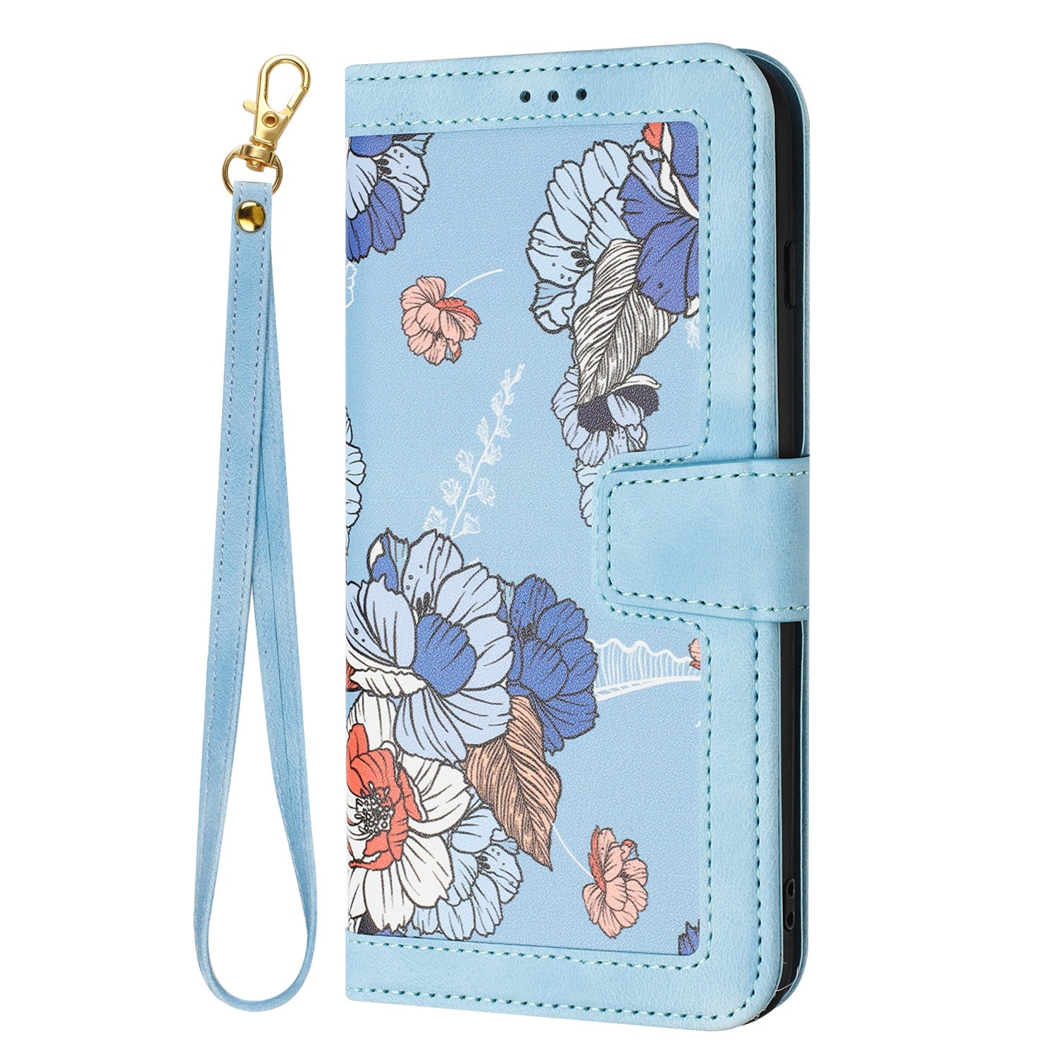 For Redmi 14C 4G Floral Pattern Leather Phone Case with Lanyard(Light Blue)