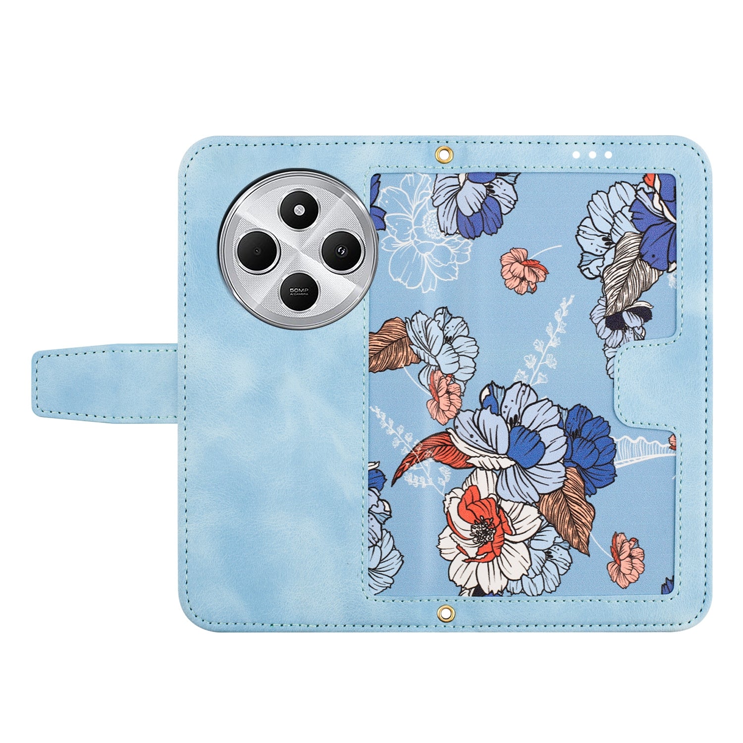 For Redmi 14C 4G Floral Pattern Leather Phone Case with Lanyard(Light Blue)