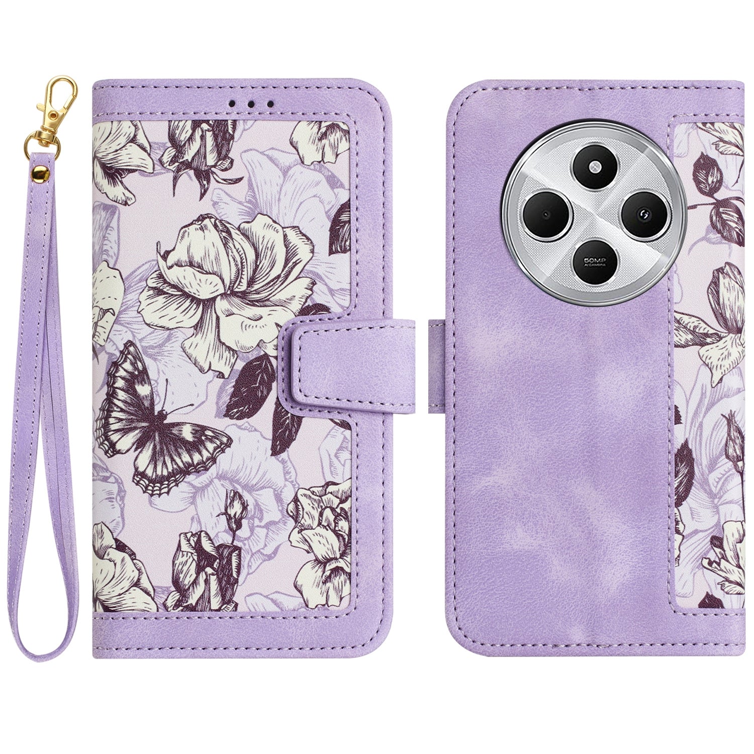 For Redmi 14C 4G Floral Pattern Leather Phone Case with Lanyard(Light Purple)