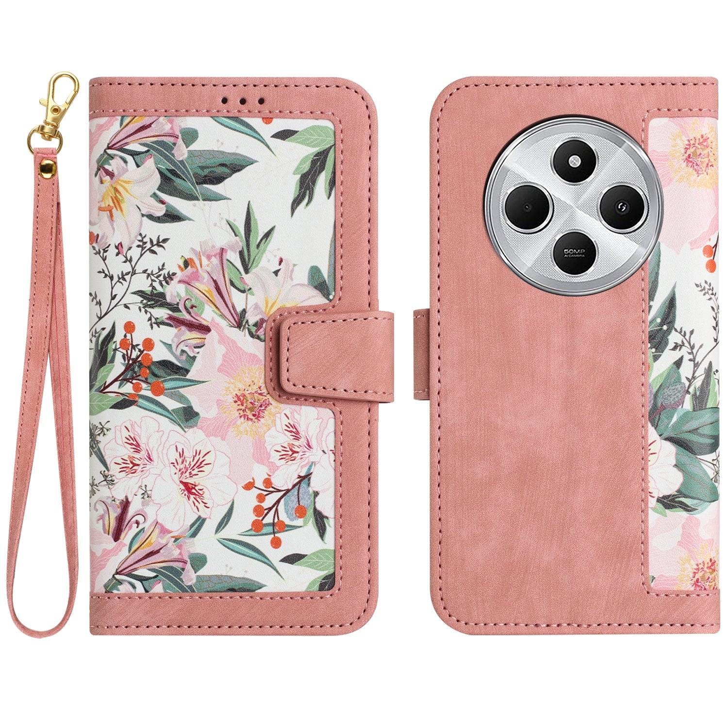 For Redmi 14C 4G Floral Pattern Leather Phone Case with Lanyard(Pink)