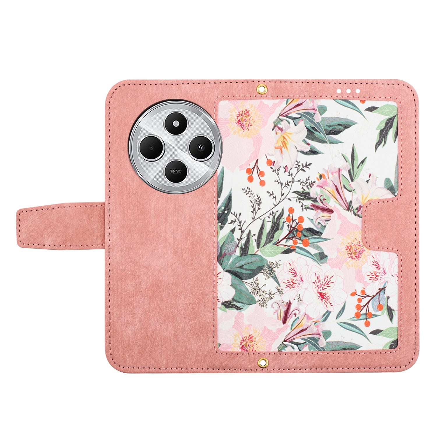 For Redmi 14C 4G Floral Pattern Leather Phone Case with Lanyard(Pink)