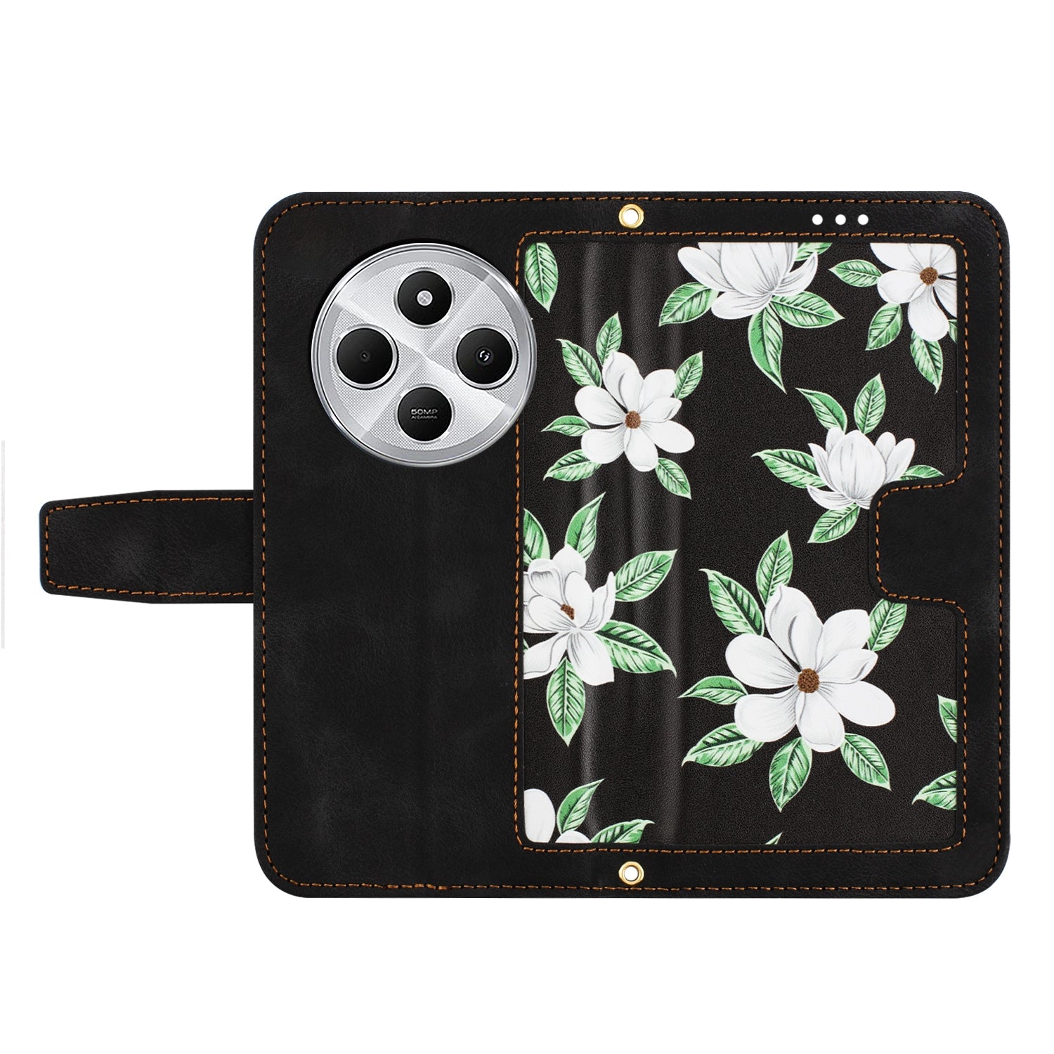 For Redmi 14C 4G Floral Pattern Leather Phone Case with Lanyard(Black)