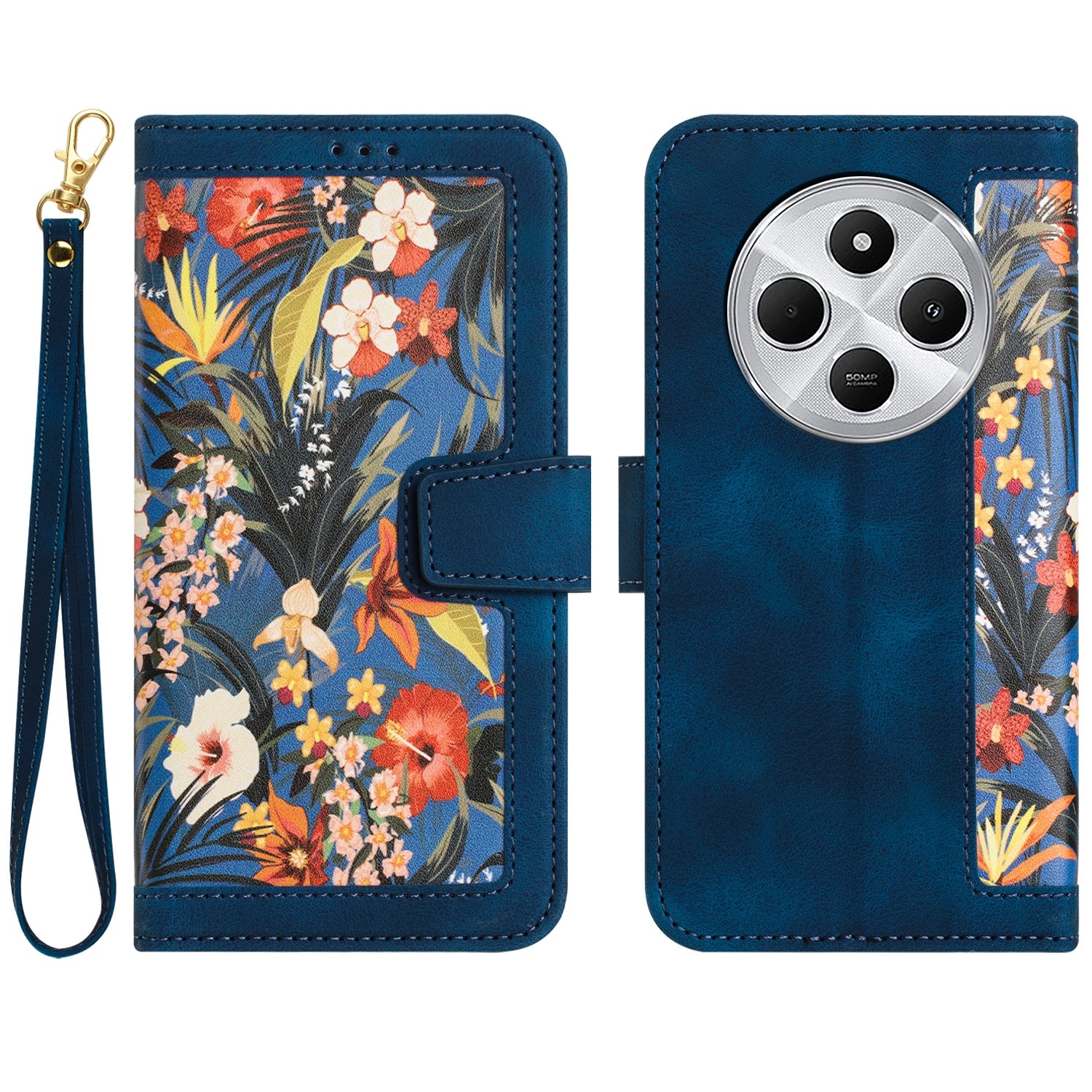 For Redmi 14C 4G Floral Pattern Leather Phone Case with Lanyard(Dark Blue)