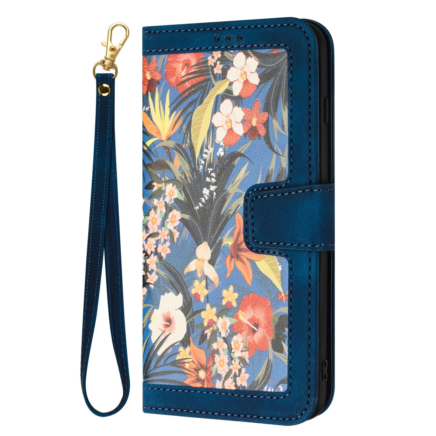 For Redmi 14C 4G Floral Pattern Leather Phone Case with Lanyard(Dark Blue)