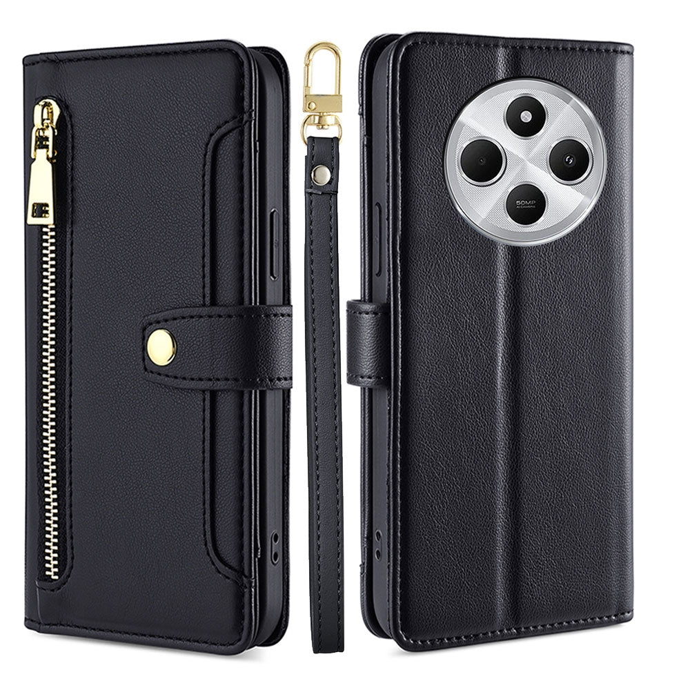 For Redmi 14C 4G Sheep Texture Cross-body Zipper Wallet Leather Phone Case(Black)