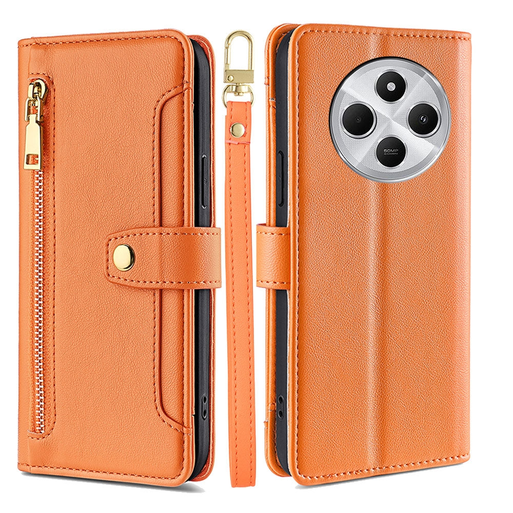 For Redmi 14C 4G Sheep Texture Cross-body Zipper Wallet Leather Phone Case(Orange)