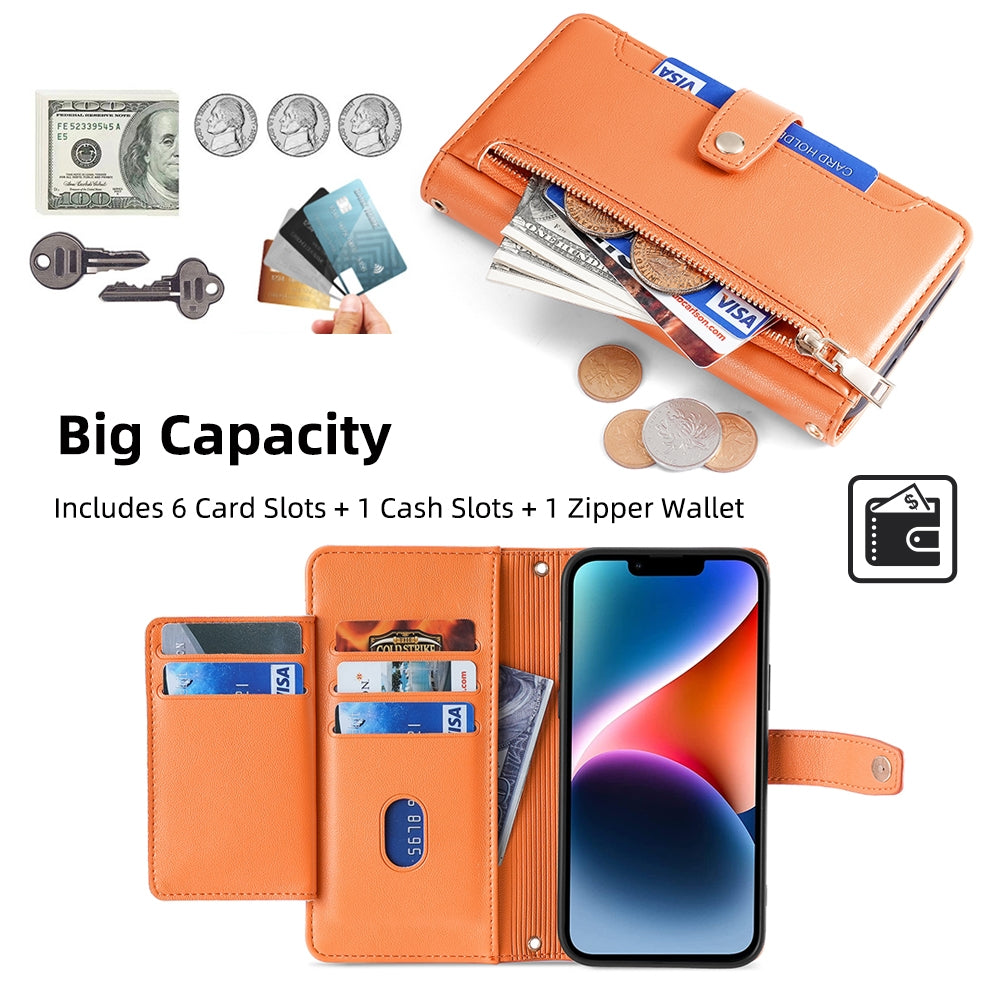 For Redmi 14C 4G Sheep Texture Cross-body Zipper Wallet Leather Phone Case(Orange)