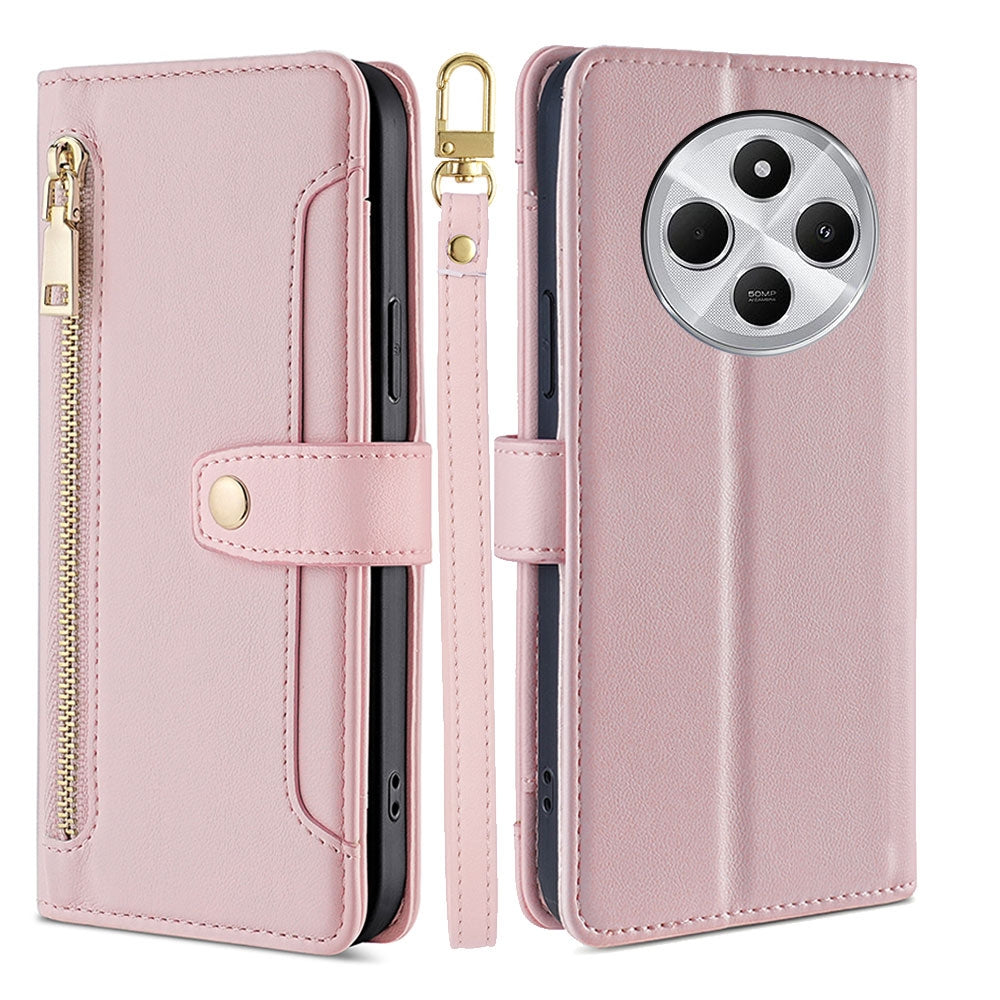 For Redmi 14C 4G Sheep Texture Cross-body Zipper Wallet Leather Phone Case(Pink)