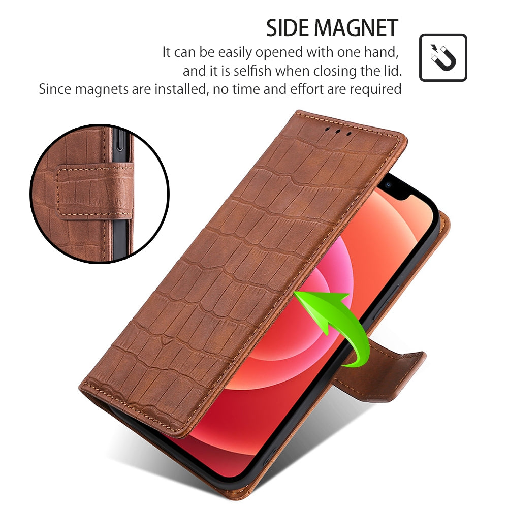 For Redmi 14C 4G Skin Feel Crocodile Magnetic Clasp Leather Phone Case(Brown)