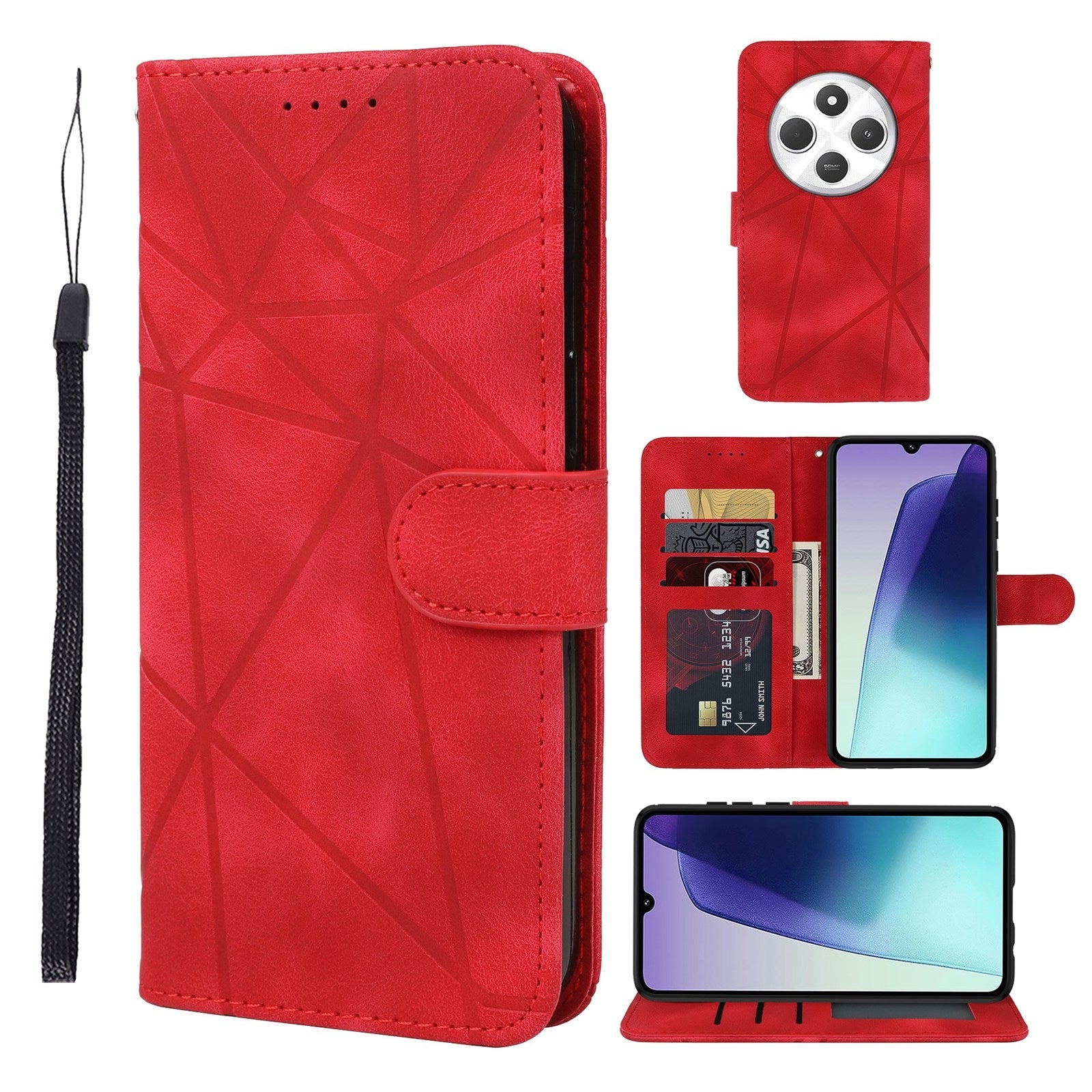 For Redmi 14C 4G Skin Feel Geometric Lines Leather Phone Case(Red)