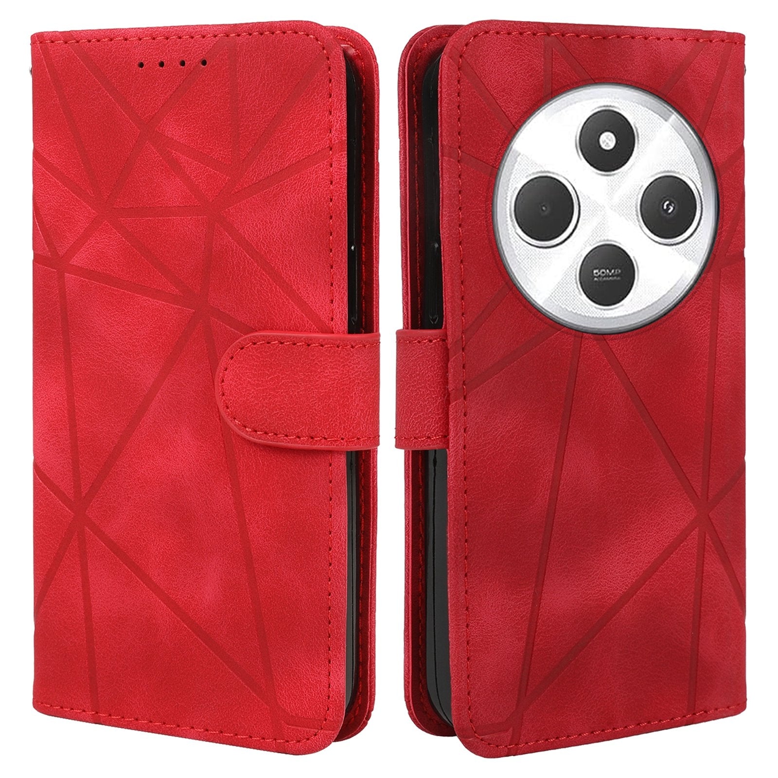 For Redmi 14C 4G Skin Feel Geometric Lines Leather Phone Case(Red)