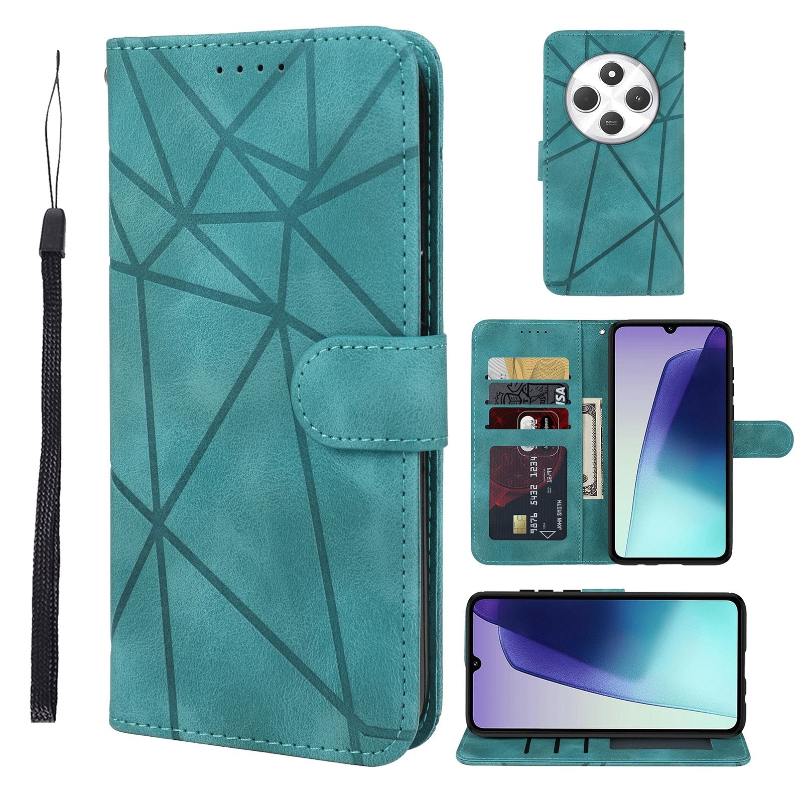 For Redmi 14C 4G Skin Feel Geometric Lines Leather Phone Case(Green)