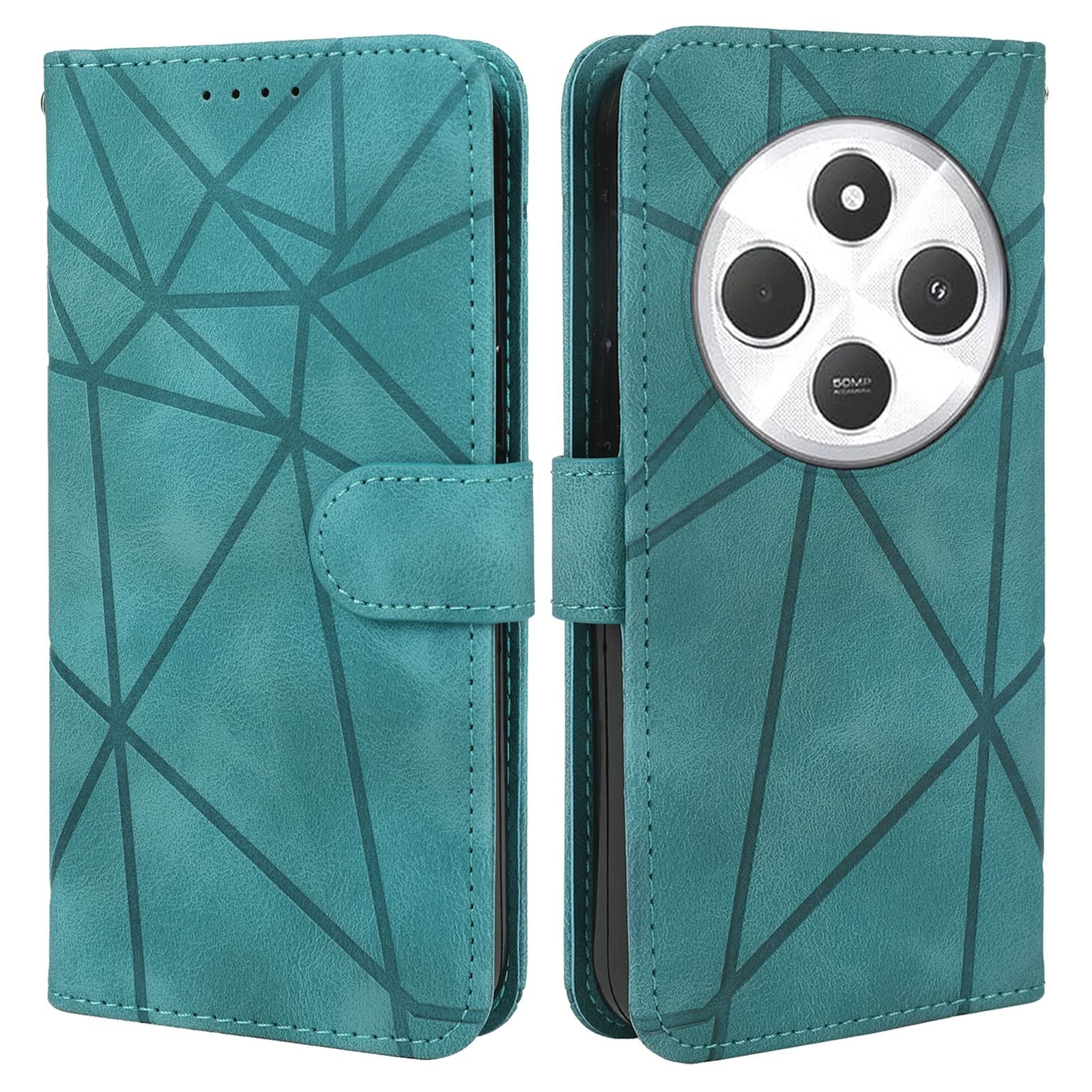 For Redmi 14C 4G Skin Feel Geometric Lines Leather Phone Case(Green)