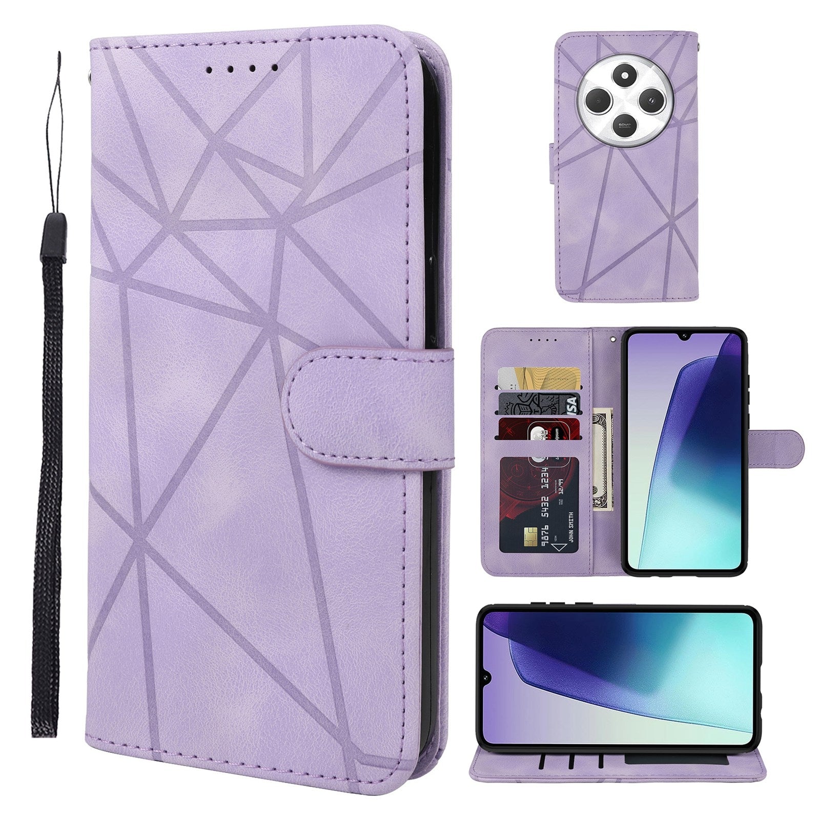 For Redmi 14C 4G Skin Feel Geometric Lines Leather Phone Case(Purple)