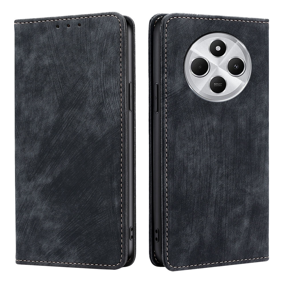 For Redmi 14C 4G RFID Anti-theft Brush Magnetic Leather Phone Case(Black)