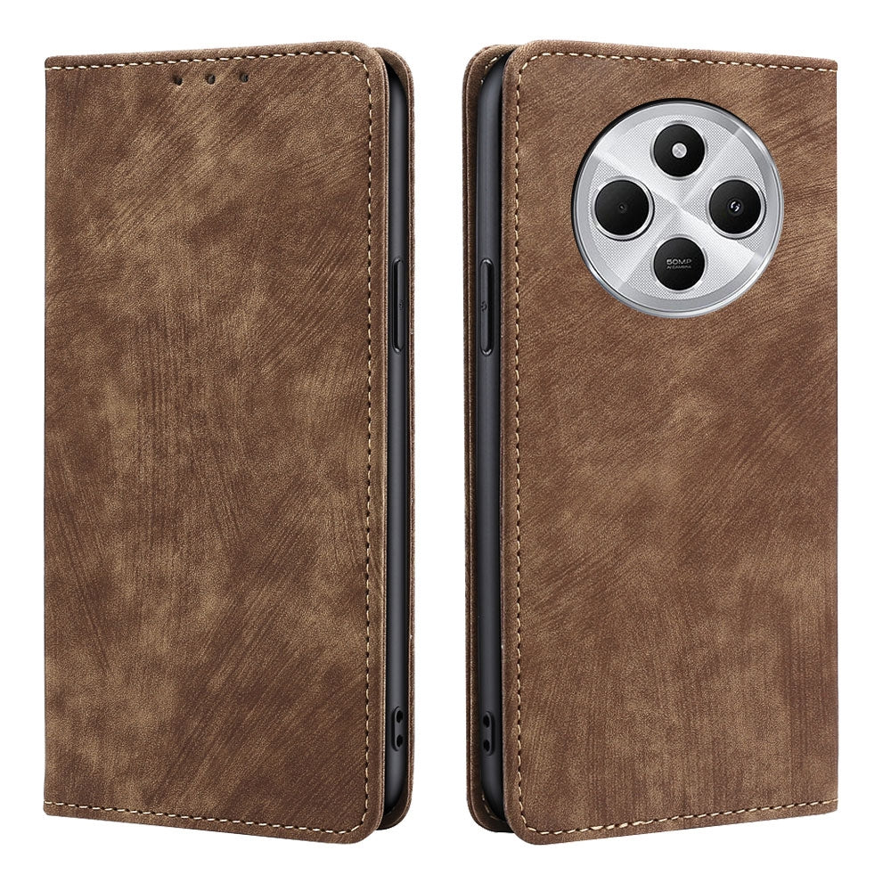 For Redmi 14C 4G RFID Anti-theft Brush Magnetic Leather Phone Case(Brown)