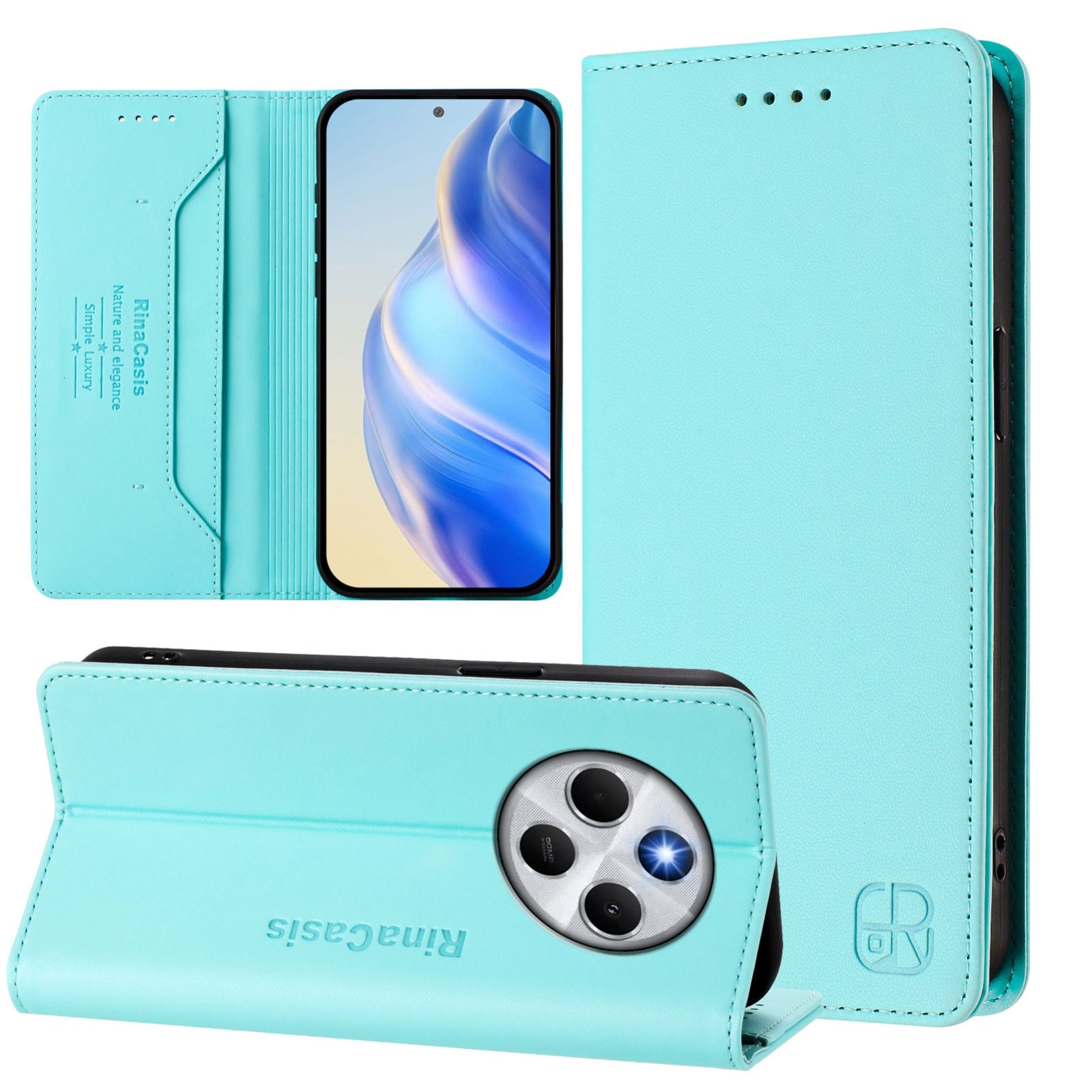 For Redmi 14C 4G / 14R 5G Global RC01 Dual-Folded Magnetic Suction RFID Leather Phone Case(Mint Green)