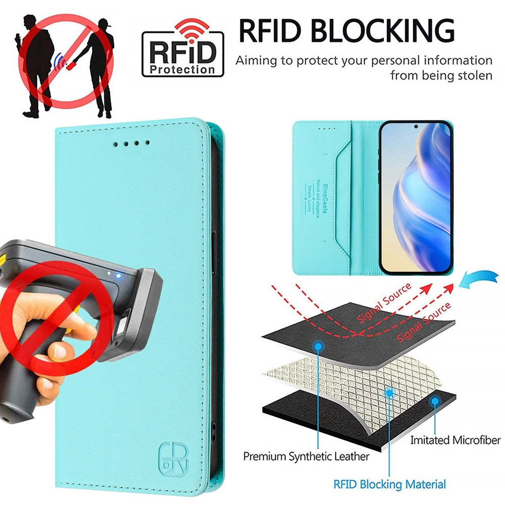 For Redmi 14C 4G / 14R 5G Global RC01 Dual-Folded Magnetic Suction RFID Leather Phone Case(Mint Green)