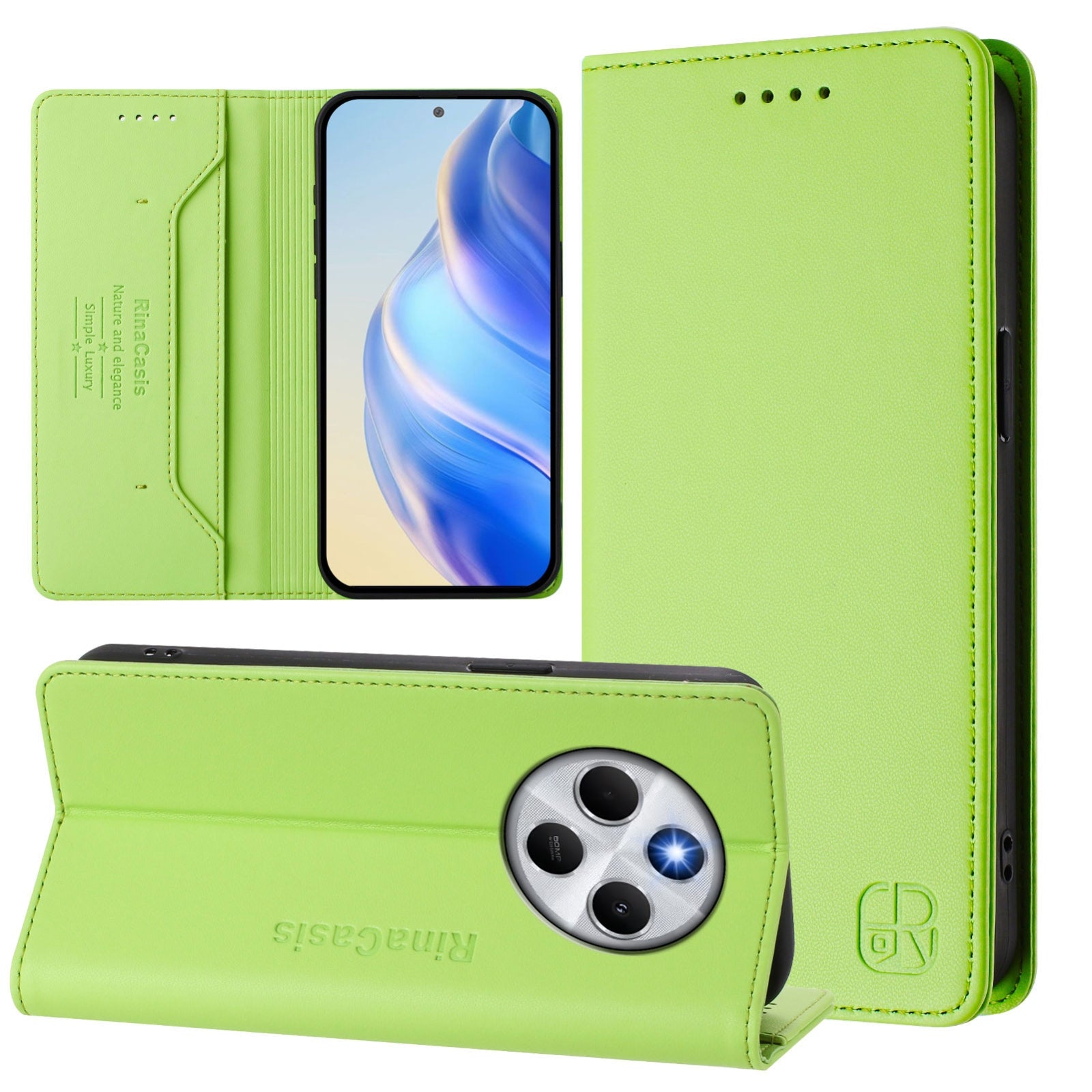 For Redmi 14C 4G / 14R 5G Global RC01 Dual-Folded Magnetic Suction RFID Leather Phone Case(Grass Green)