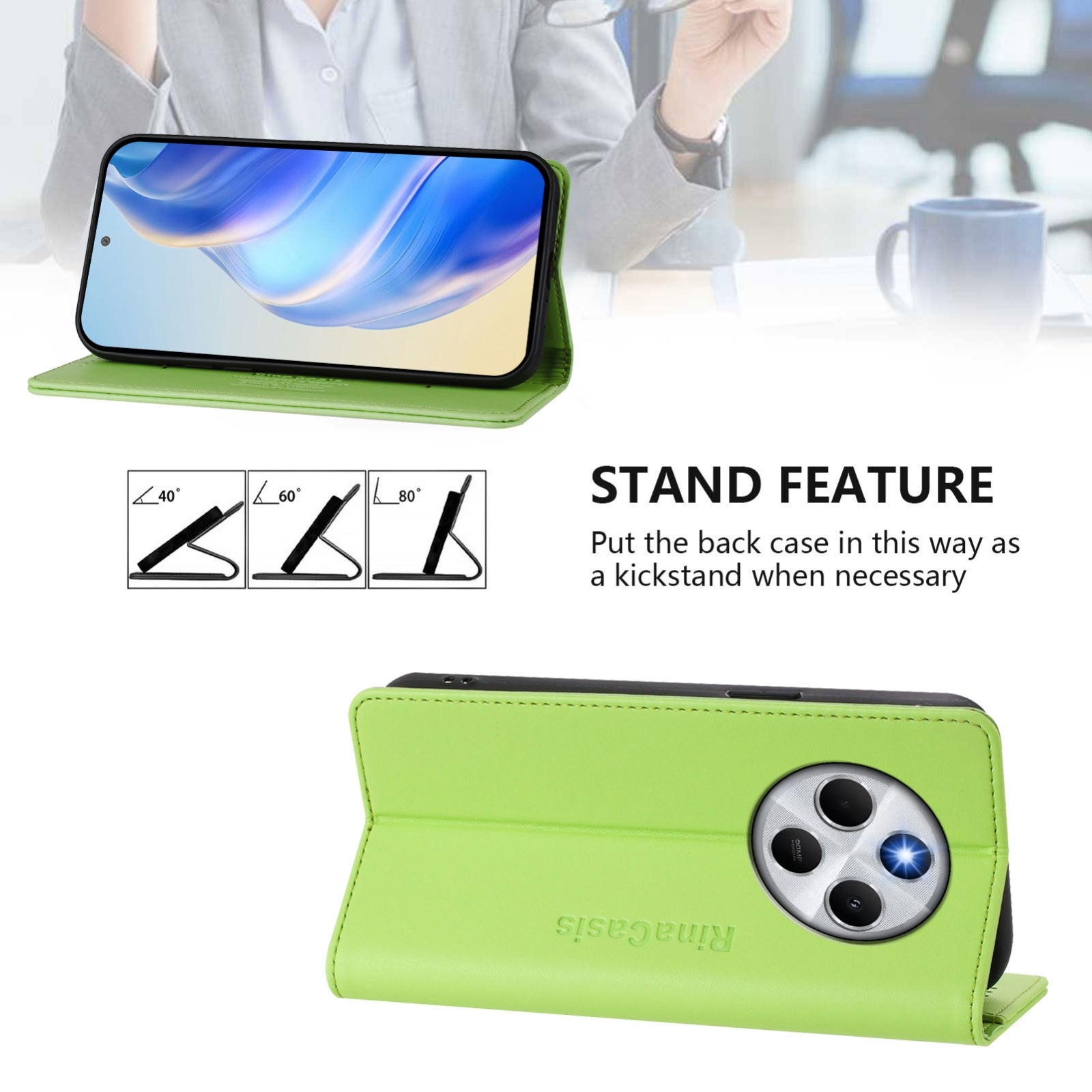 For Redmi 14C 4G / 14R 5G Global RC01 Dual-Folded Magnetic Suction RFID Leather Phone Case(Grass Green)