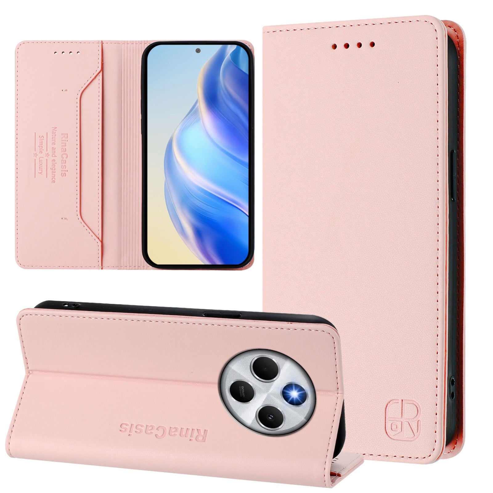 For Redmi 14C 4G / 14R 5G Global RC01 Dual-Folded Magnetic Suction RFID Leather Phone Case(Pink)