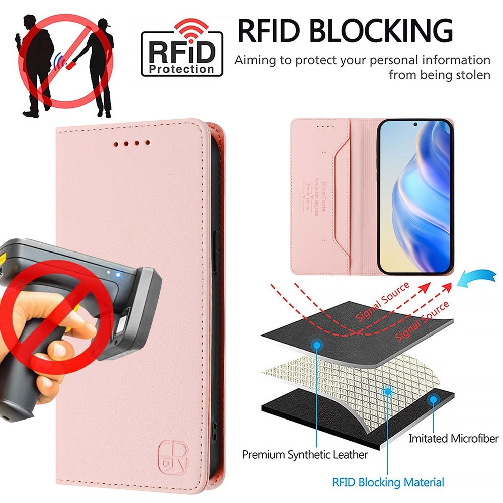 For Redmi 14C 4G / 14R 5G Global RC01 Dual-Folded Magnetic Suction RFID Leather Phone Case(Pink)