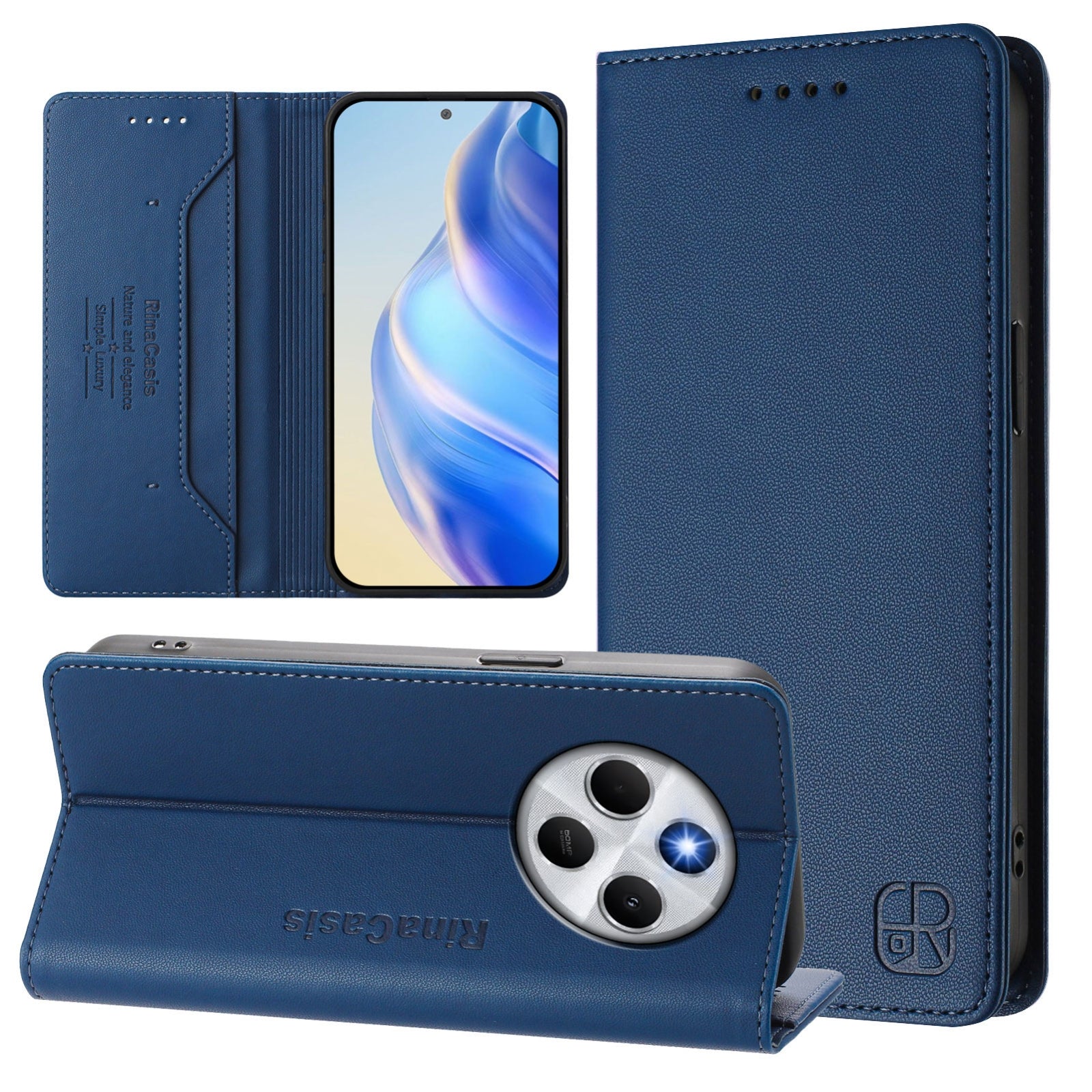 For Redmi 14C 4G / 14R 5G Global RC01 Dual-Folded Magnetic Suction RFID Leather Phone Case(Dark Blue)