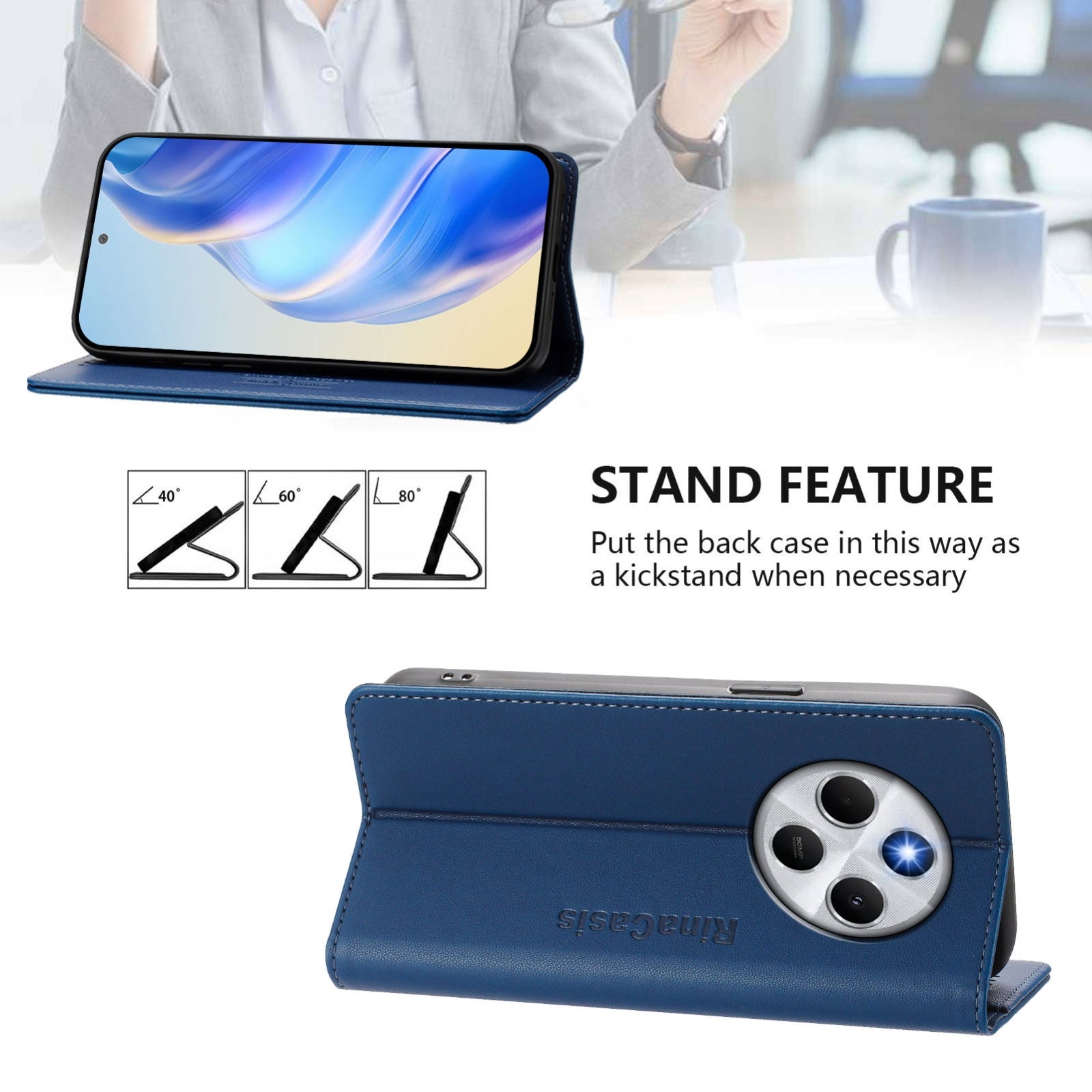 For Redmi 14C 4G / 14R 5G Global RC01 Dual-Folded Magnetic Suction RFID Leather Phone Case(Dark Blue)