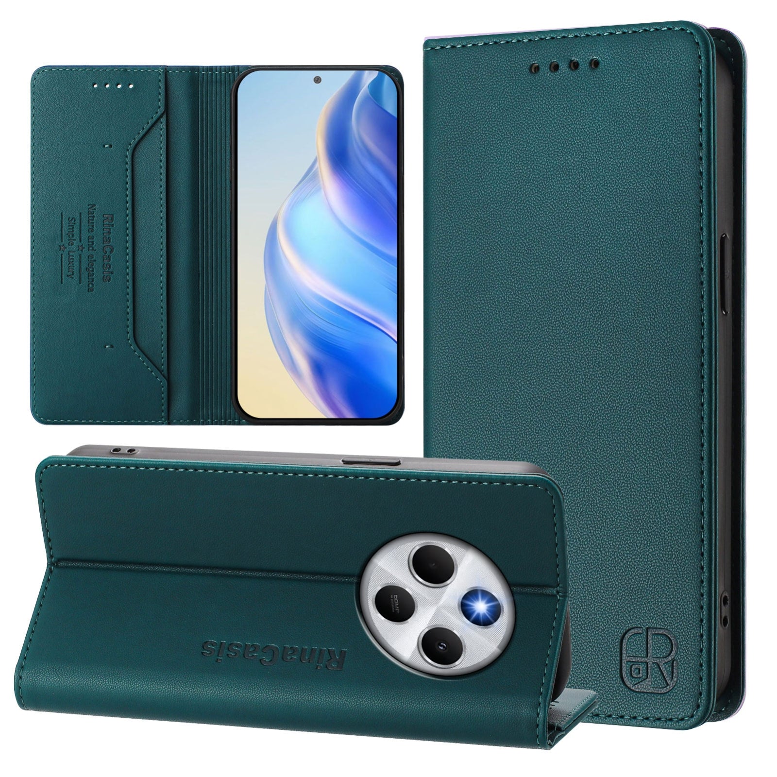 For Redmi 14C 4G / 14R 5G Global RC01 Dual-Folded Magnetic Suction RFID Leather Phone Case(Dark Green)