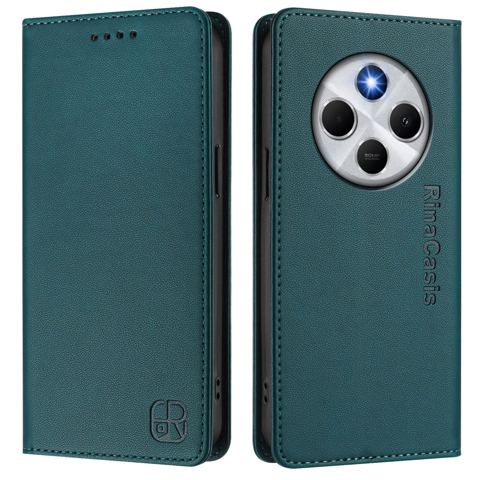 For Redmi 14C 4G / 14R 5G Global RC01 Dual-Folded Magnetic Suction RFID Leather Phone Case(Dark Green)