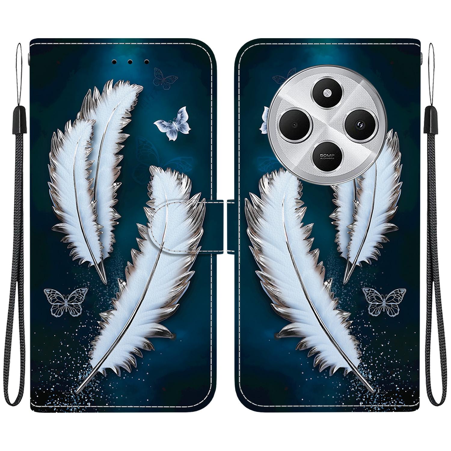 For Redmi 14C 4G Crystal Texture Colored Drawing Leather Phone Case(White Butterfly Feathers)